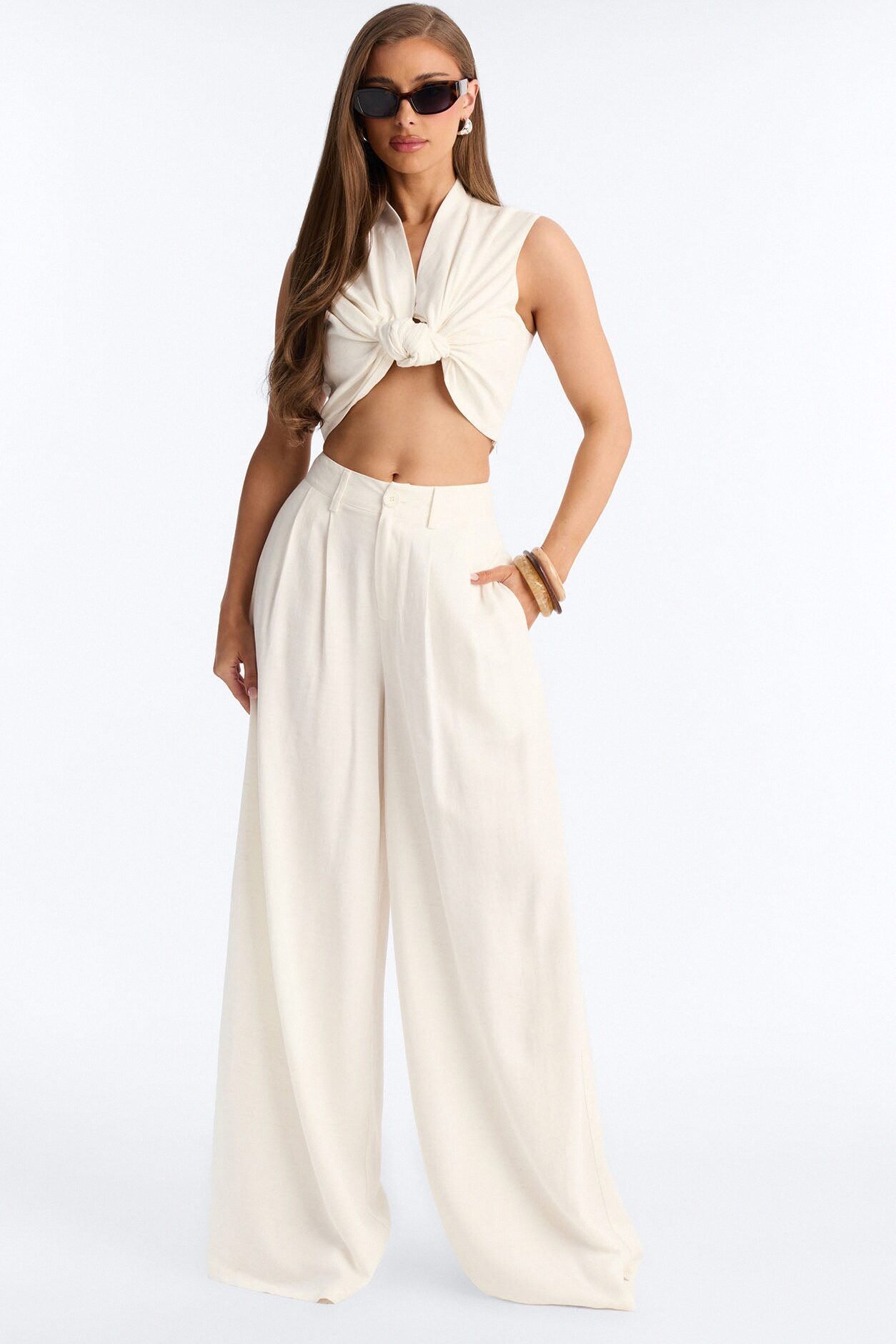 Margo Knotted Linen Pant Set - Ivory