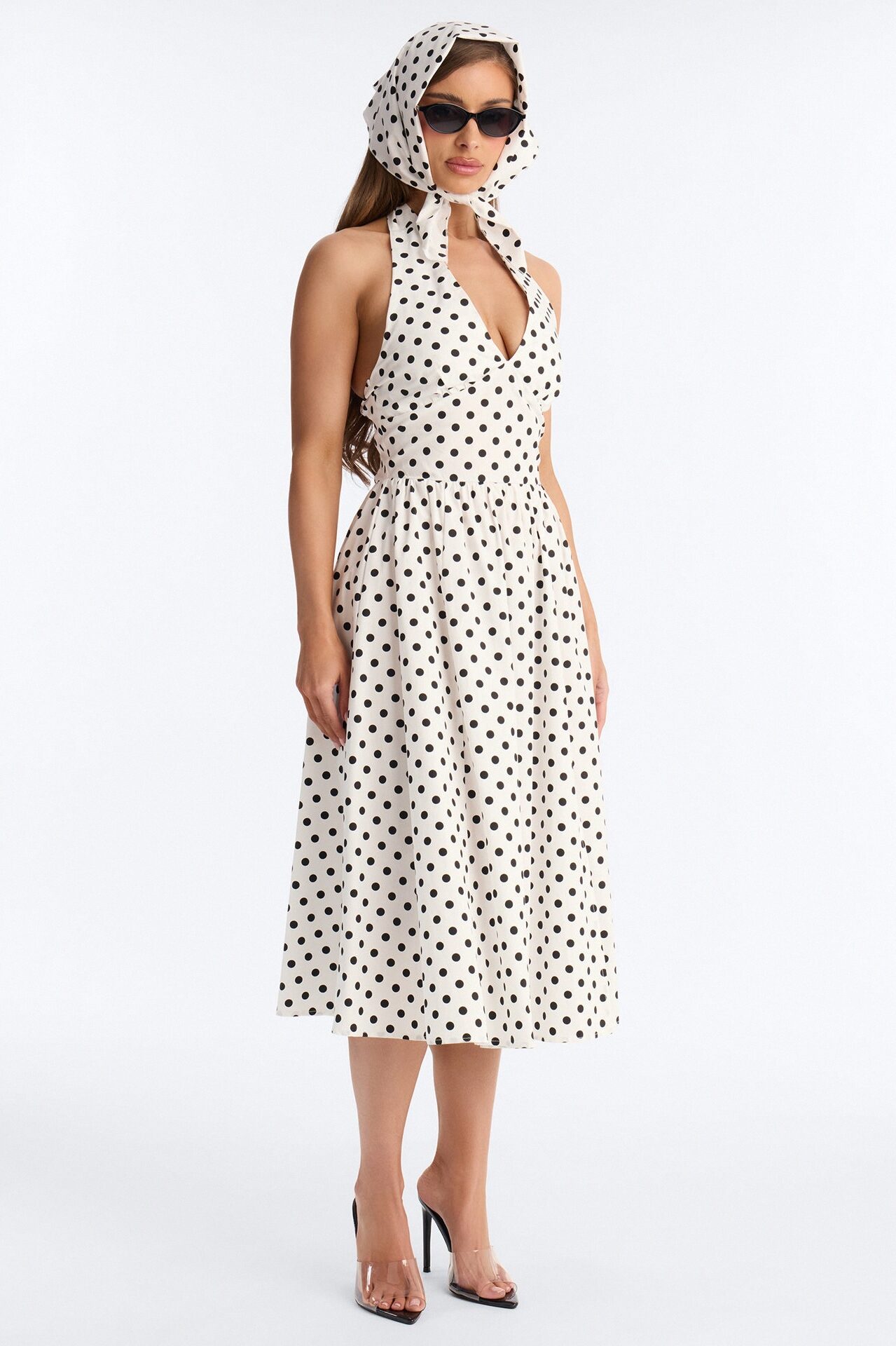 Darla Halter Polka Dot Midi Dress - White/Black