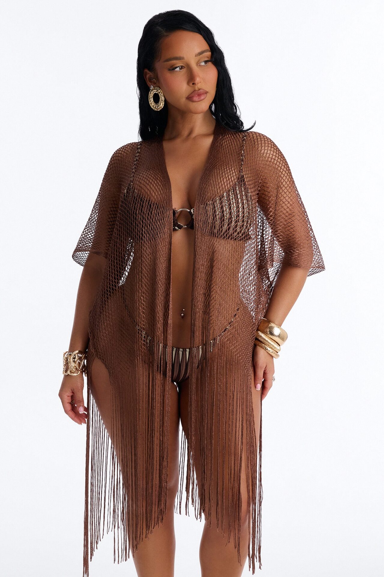 Paula Shimmer Fringe Swim Cover Up Kimono - Bronze