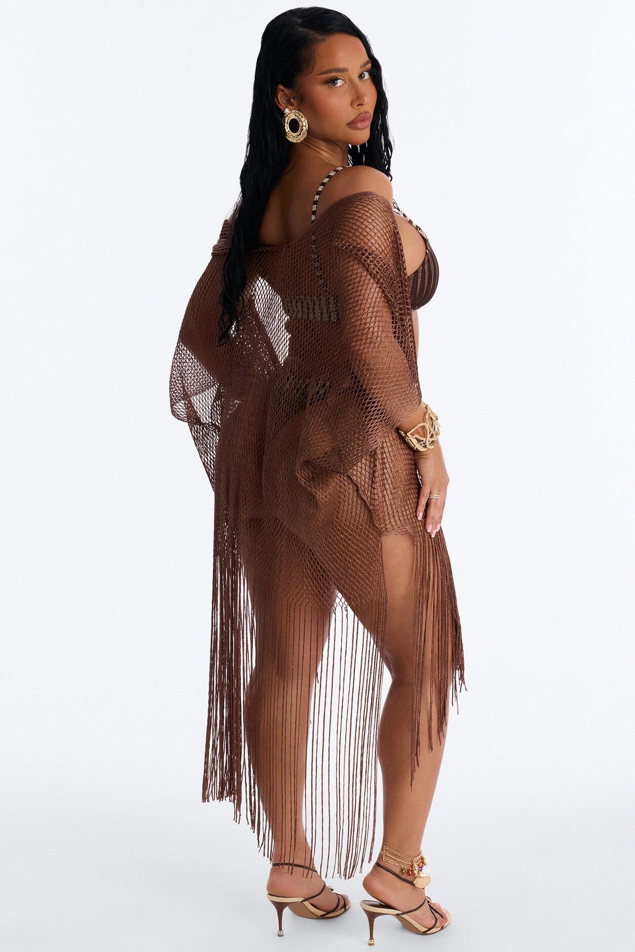 Paula Shimmer Fringe Swim Cover Up Kimono - Bronze