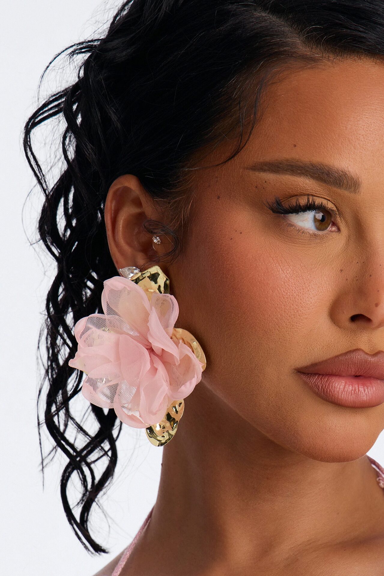 Ruffle Rose Earrings - Gold/Pink