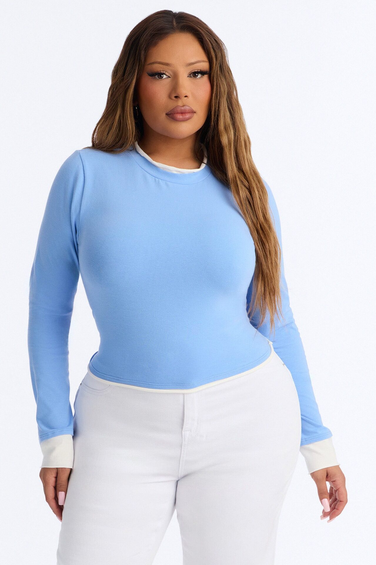 Effortless Edge Contrast Long Sleeve Top - Blue/combo