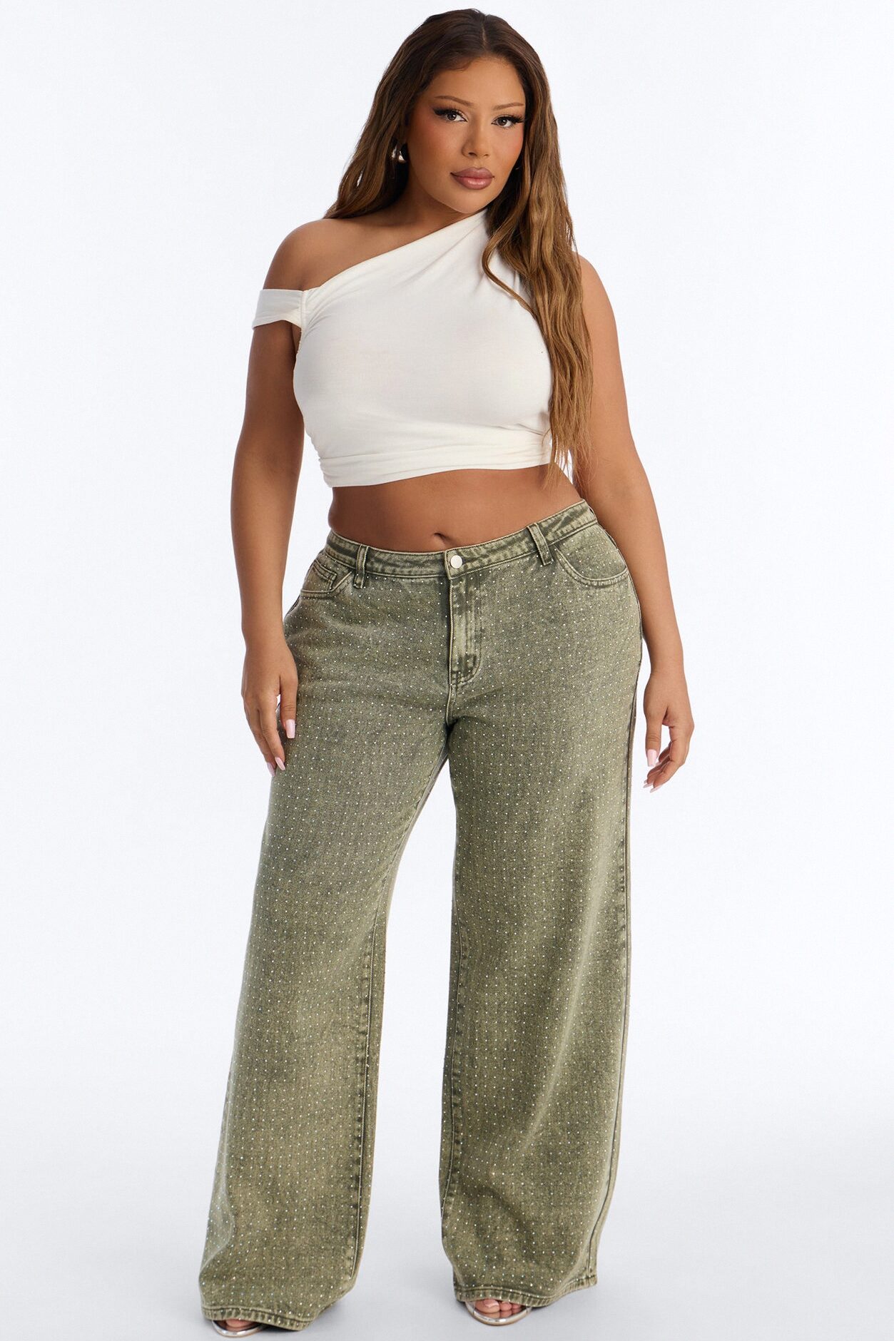 Dazzling Days Low Rise Washed Embellished Pant - Olive