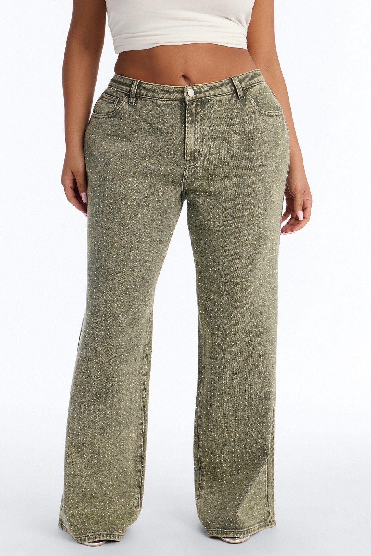 Dazzling Days Low Rise Washed Embellished Pant - Olive