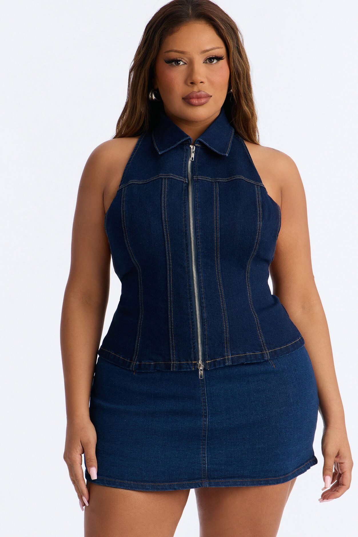 Street Smart Front Zip Denim Halter Top - Dark Wash