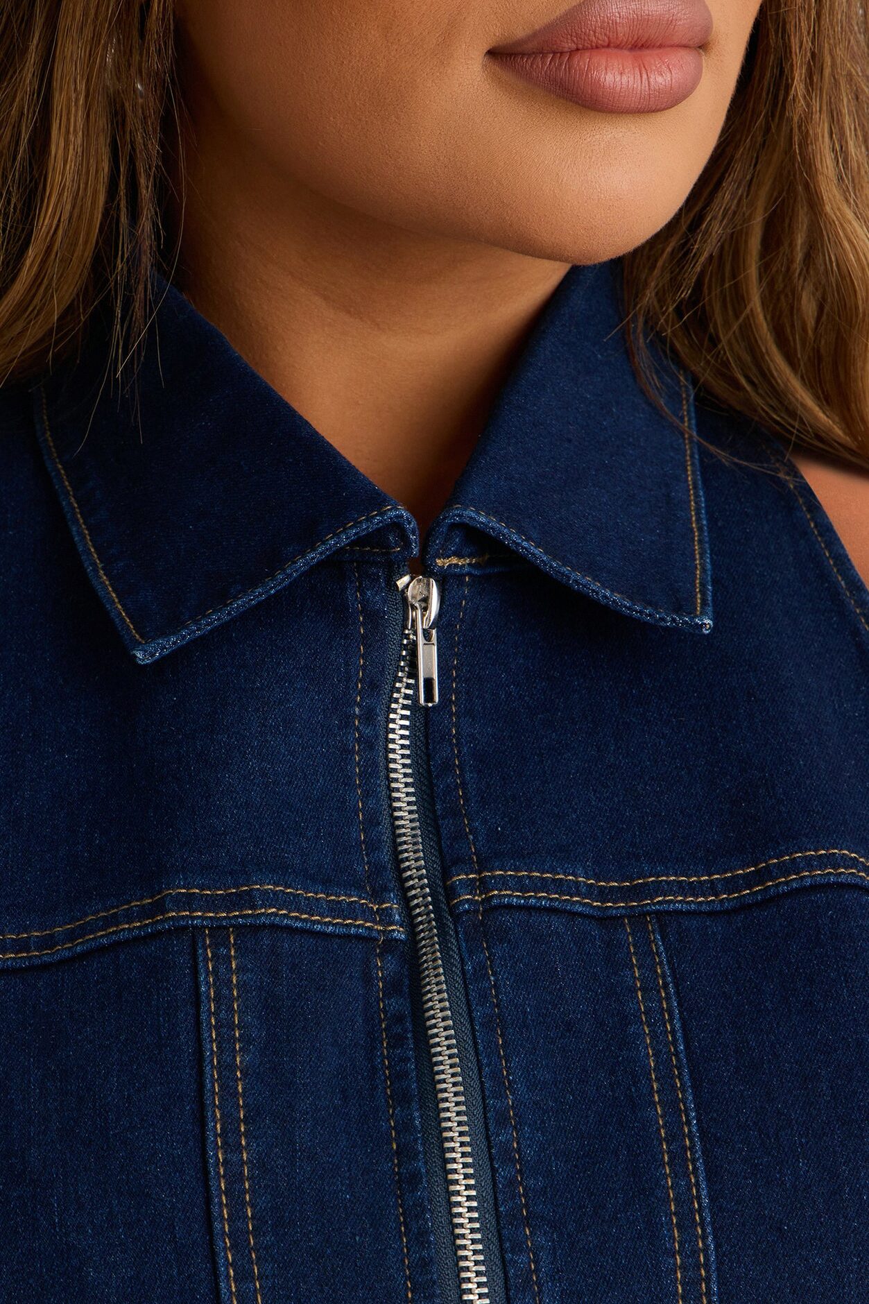 Street Smart Front Zip Denim Halter Top - Dark Wash