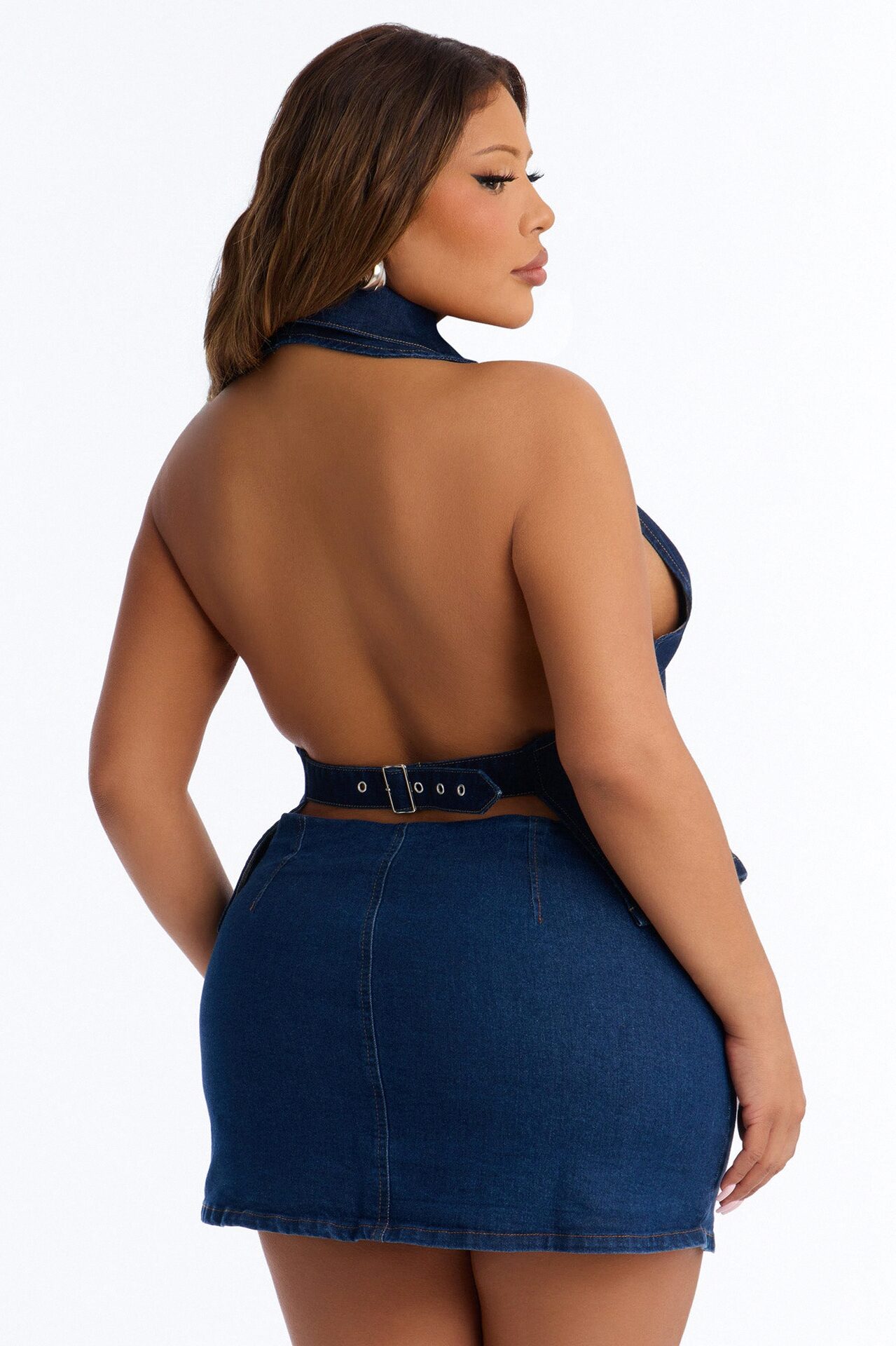 Street Smart Front Zip Denim Halter Top - Dark Wash