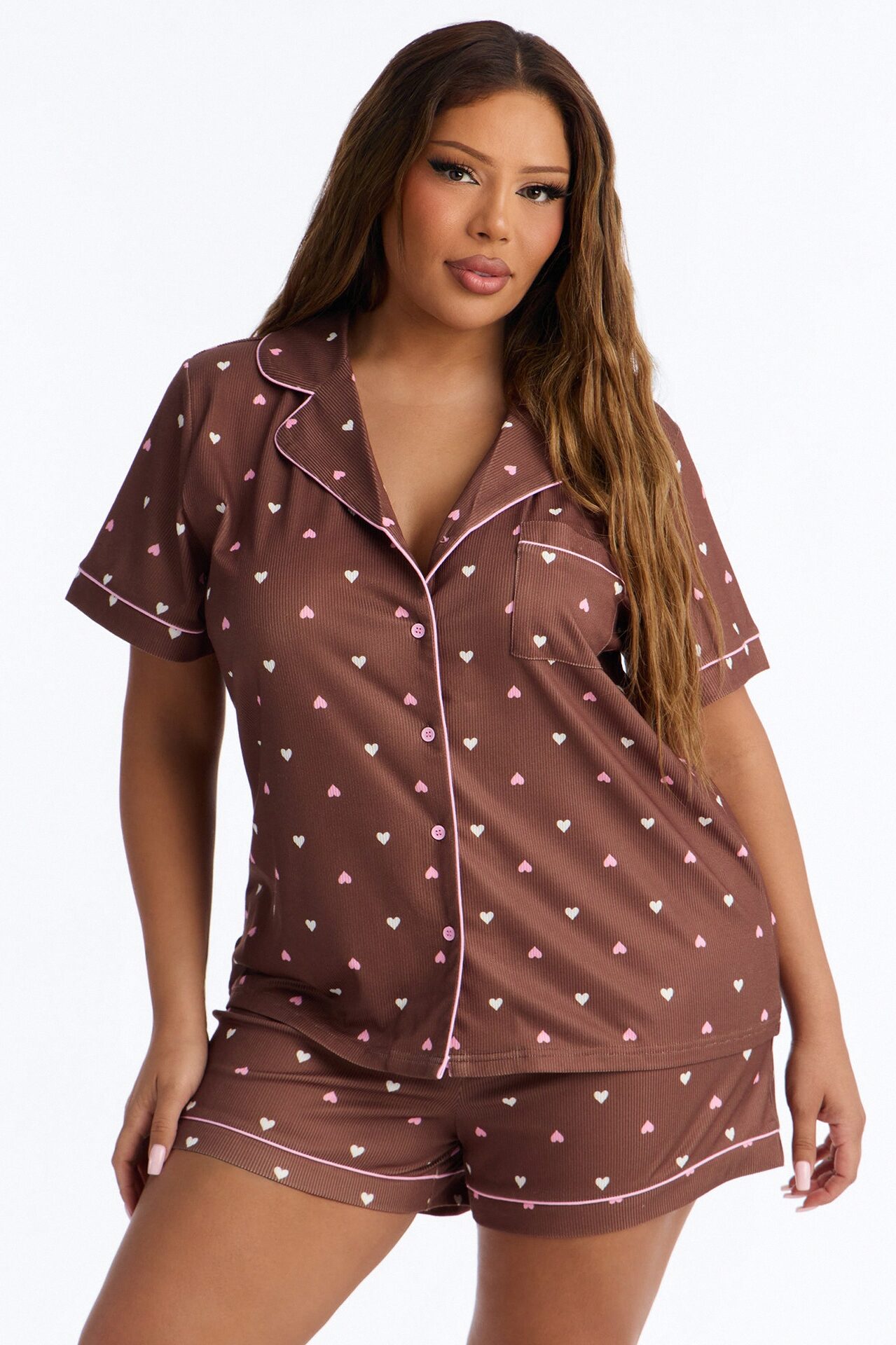 Pieces Of My Heart PJ Short Set - Brown/combo