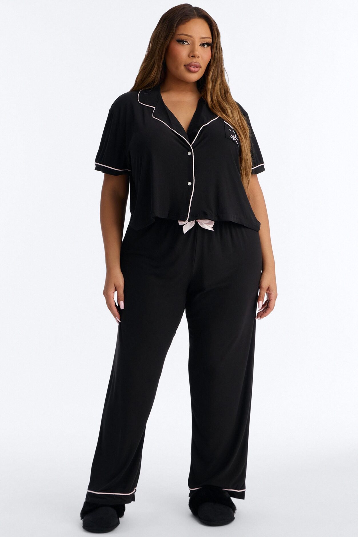 Maid Of Honor Time Notch Collar PJ Pant Set - Black/Pink