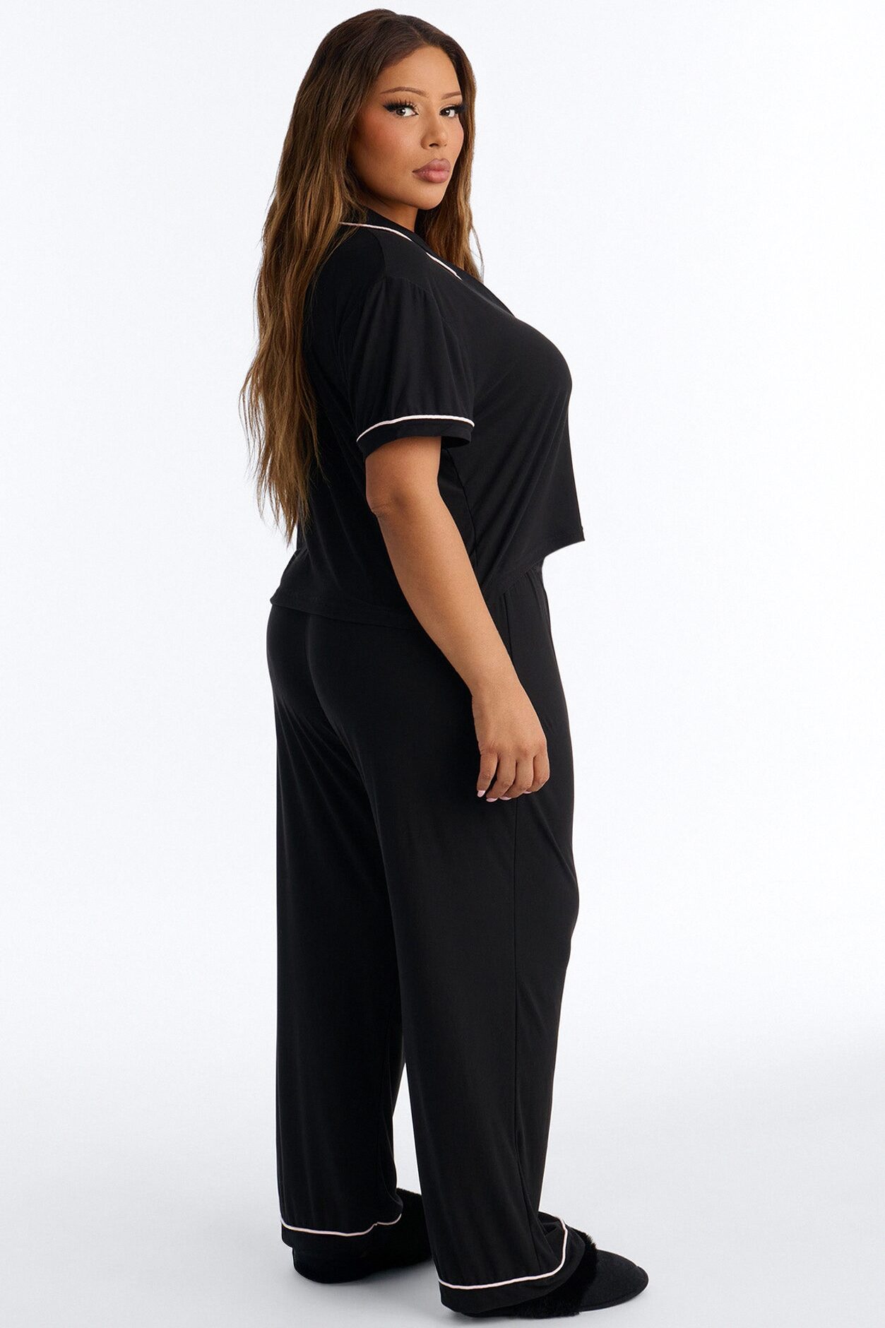 Maid Of Honor Time Notch Collar PJ Pant Set - Black/Pink