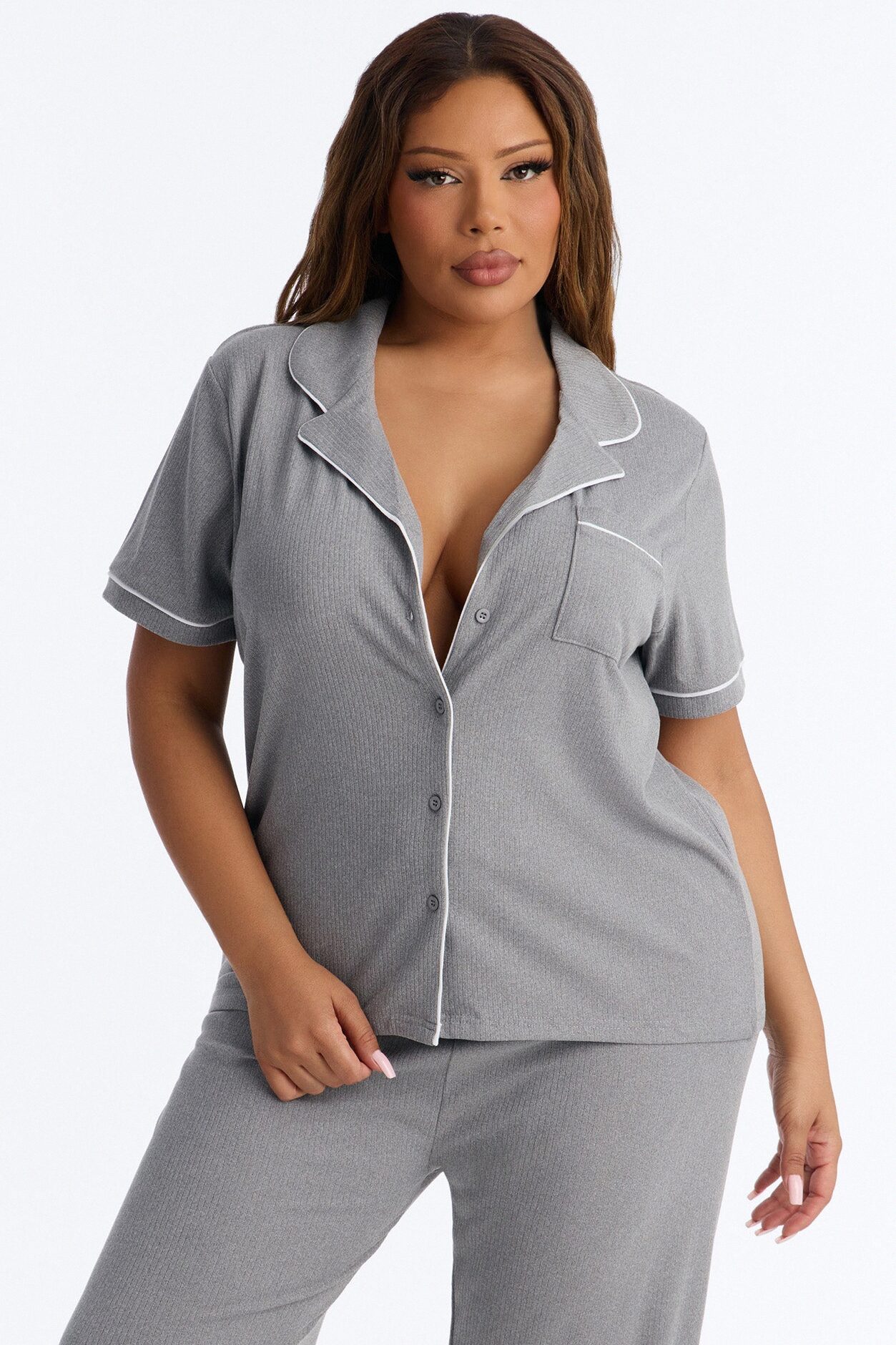 Chill Vibes Only Ribbed PJ Pant Set - Charcoal