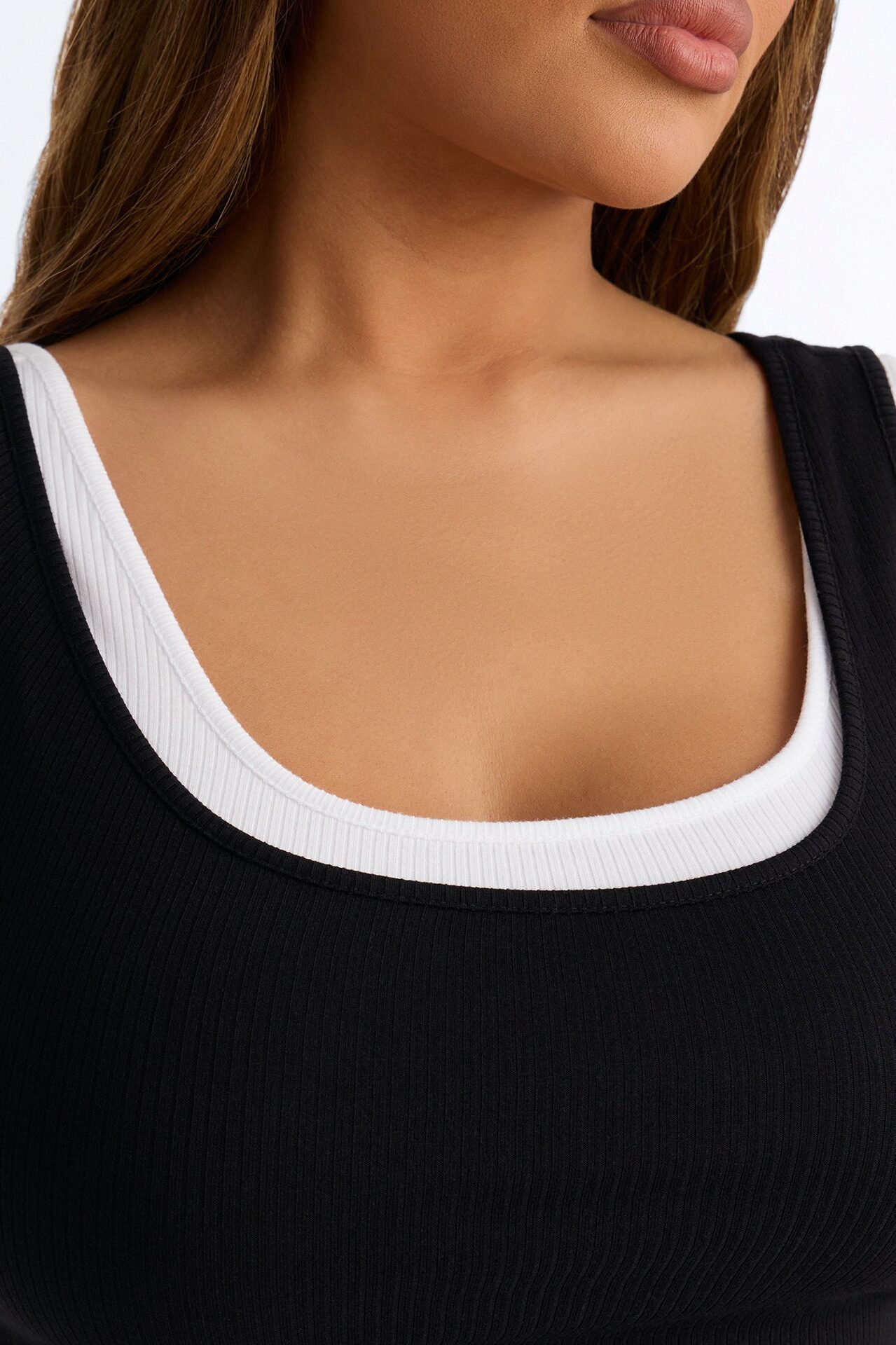 Ashlee Ribbed Layered Off Shoulder Tank Top - Black/White