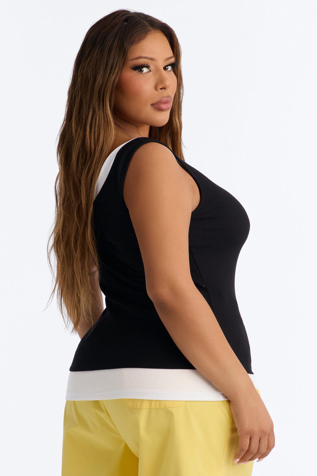 Ashlee Ribbed Layered Off Shoulder Tank Top - Black/White