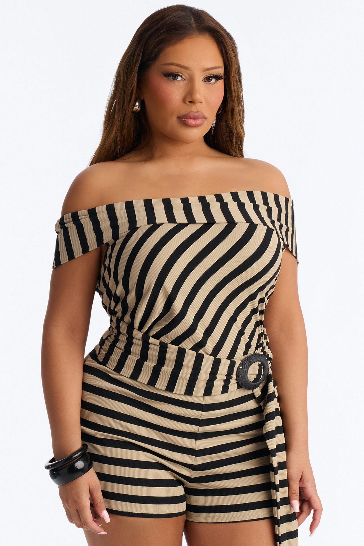 Celia Striped Off Shoulder Micro Romper - Black/combo