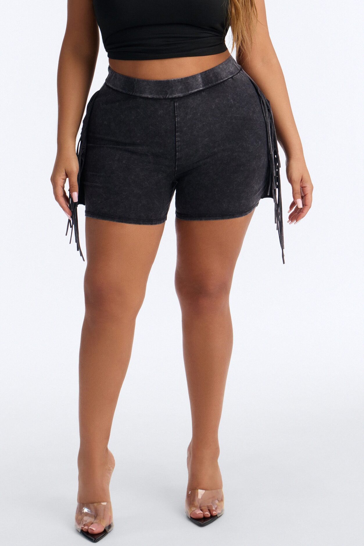 Shake It Up Washed Fringe Trim Biker Short 4″ - Black
