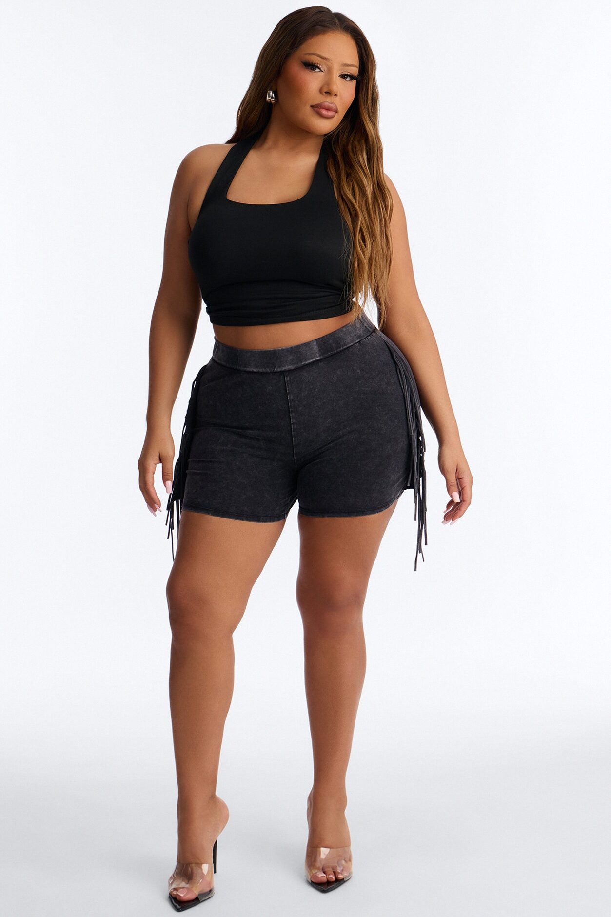 Shake It Up Washed Fringe Trim Biker Short 4″ - Black
