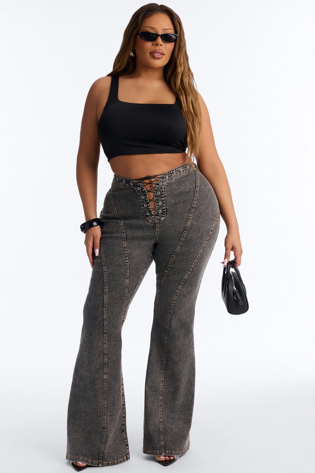 Run this Town Lace Up Washed Flared Pant - Black