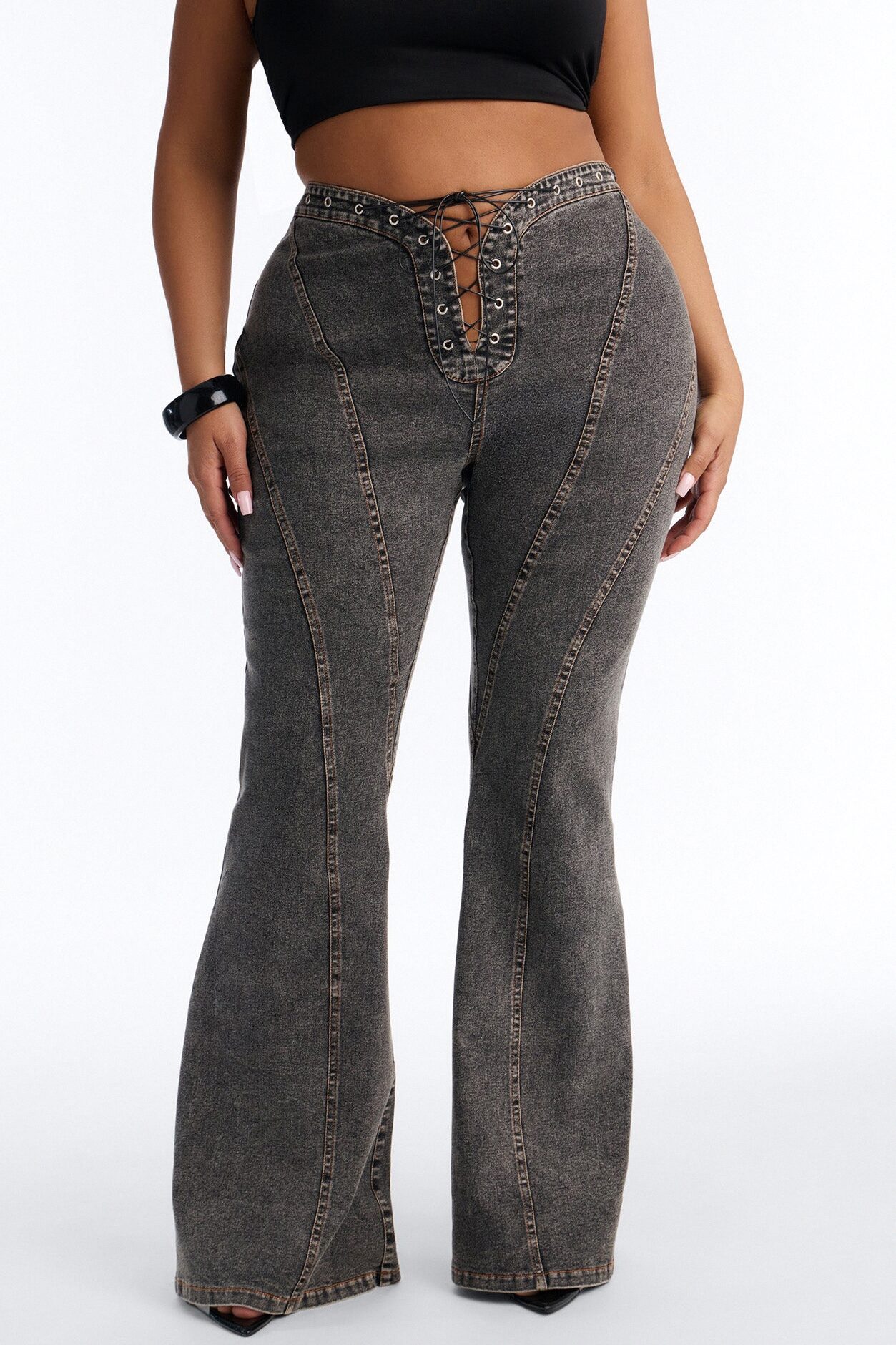 Run this Town Lace Up Washed Flared Pant - Black