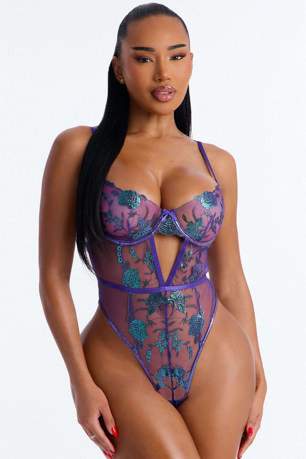 Missy Embroidered Sheer Underwire Teddy - Violet