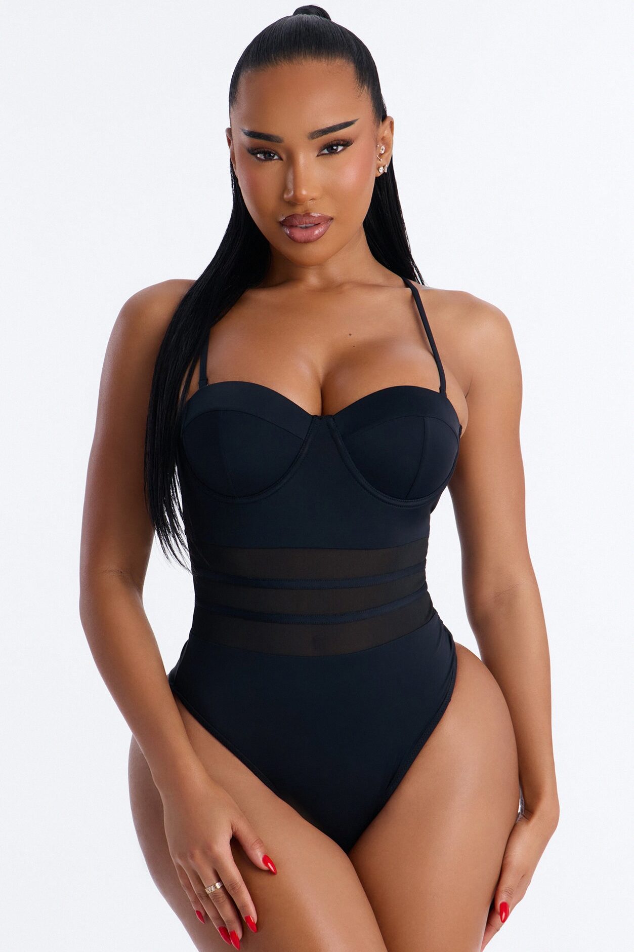 Pier Pressure Underwire Mesh Cutout 1 Piece Swimsuit - Black