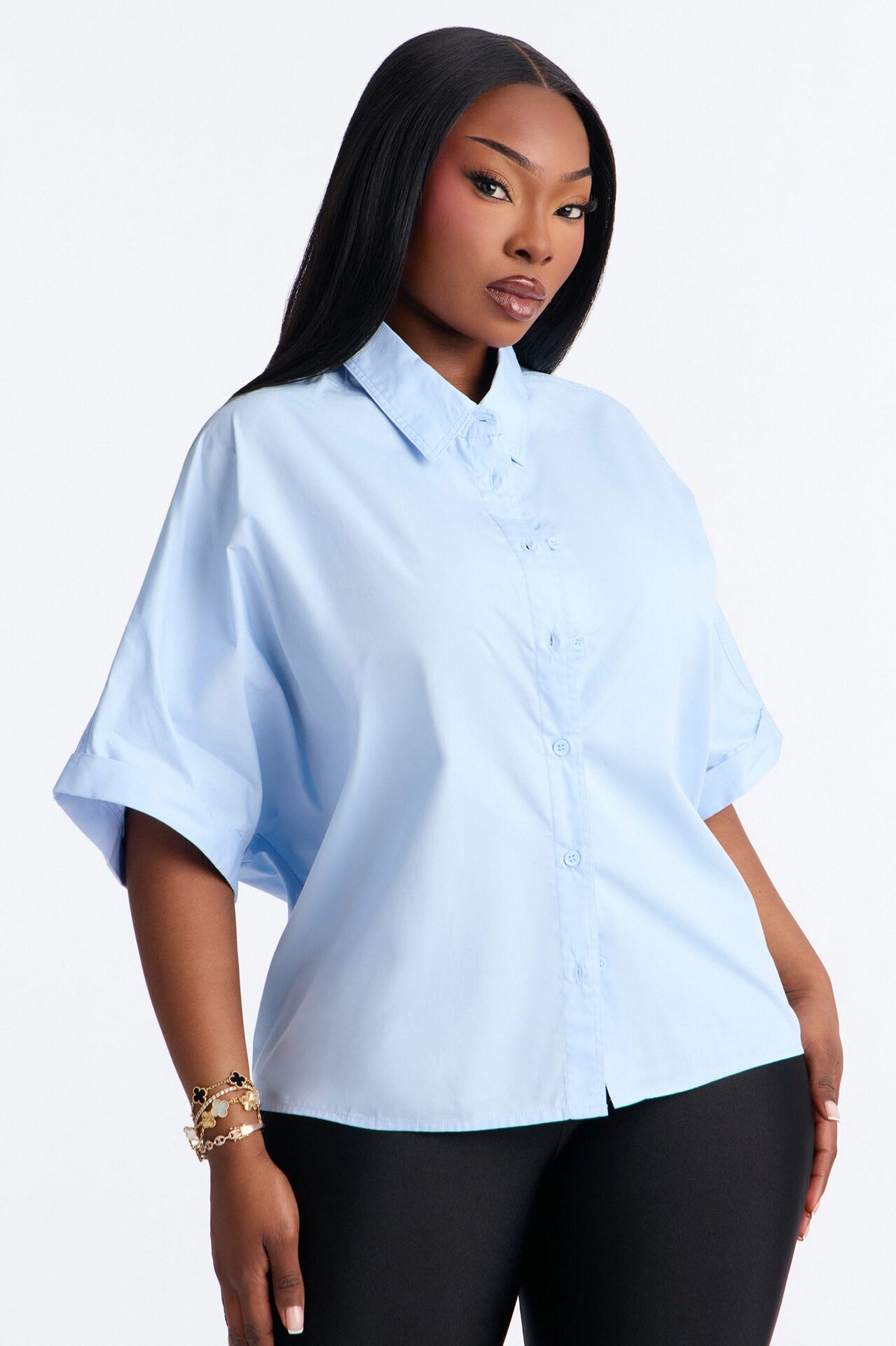 Sancie Oversized Poplin Button Up Shirt - Blue