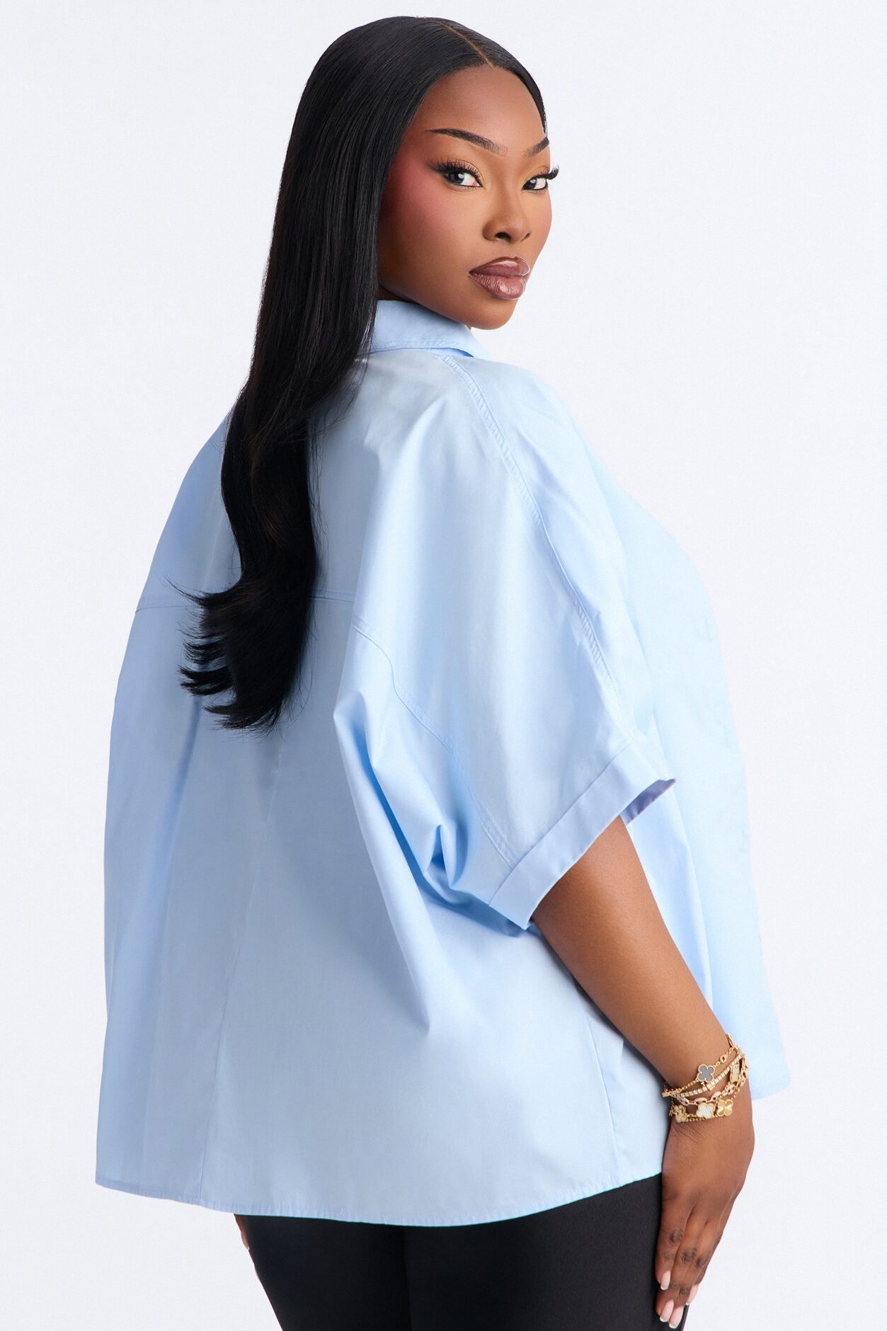 Sancie Oversized Poplin Button Up Shirt - Blue