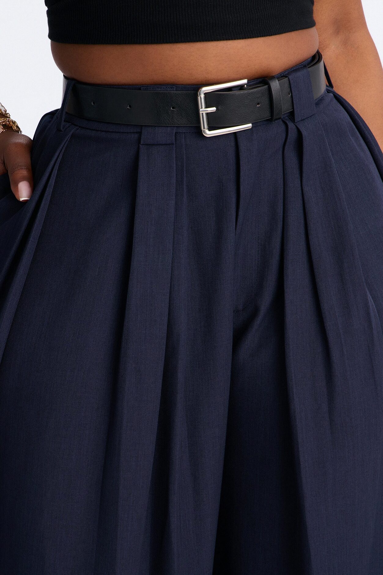 No Brainer Belted Wide Leg Pleated Pant - Navy