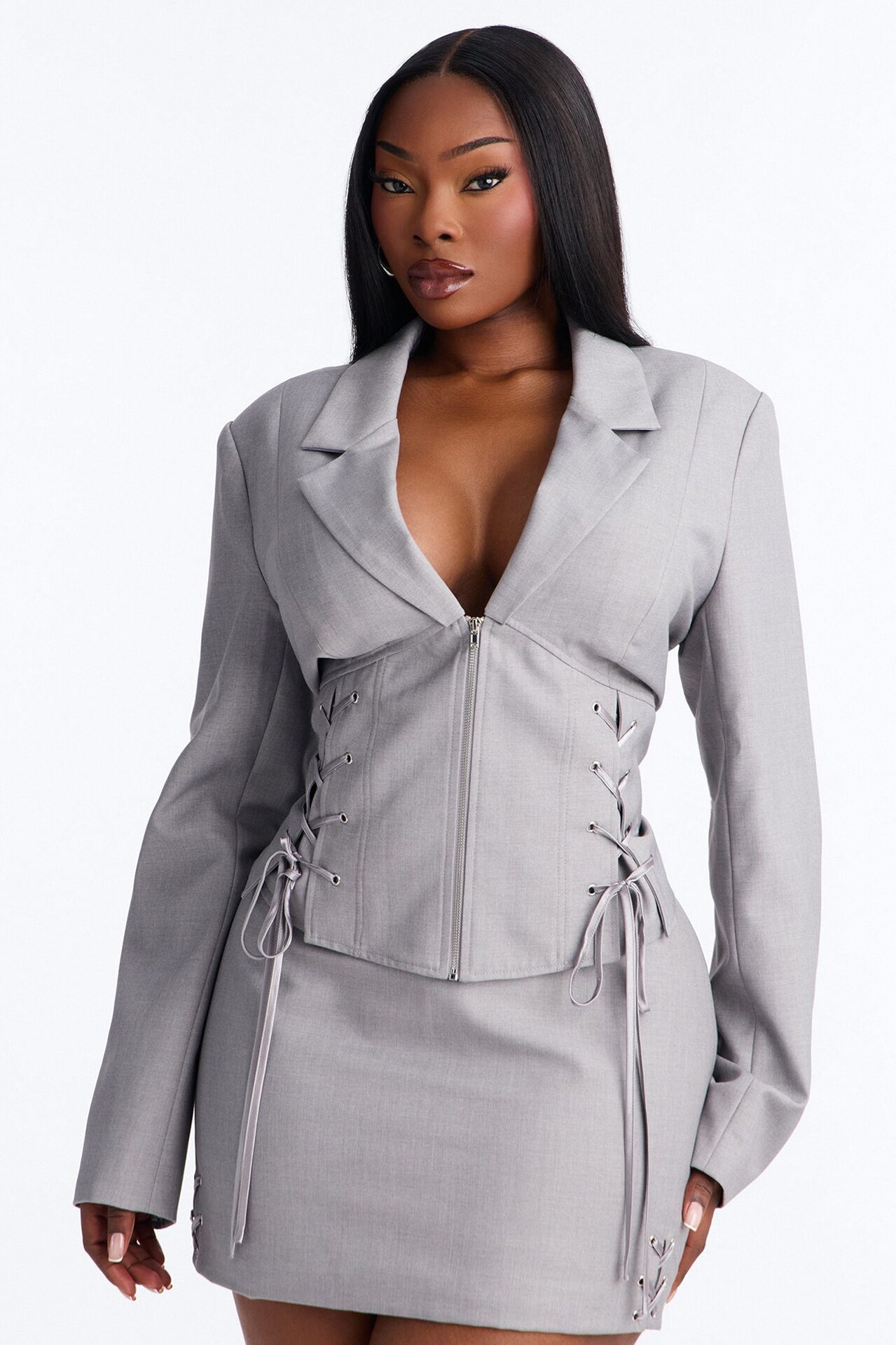 Unbothered Crepe Lace Up Corset Blazer - Light Grey