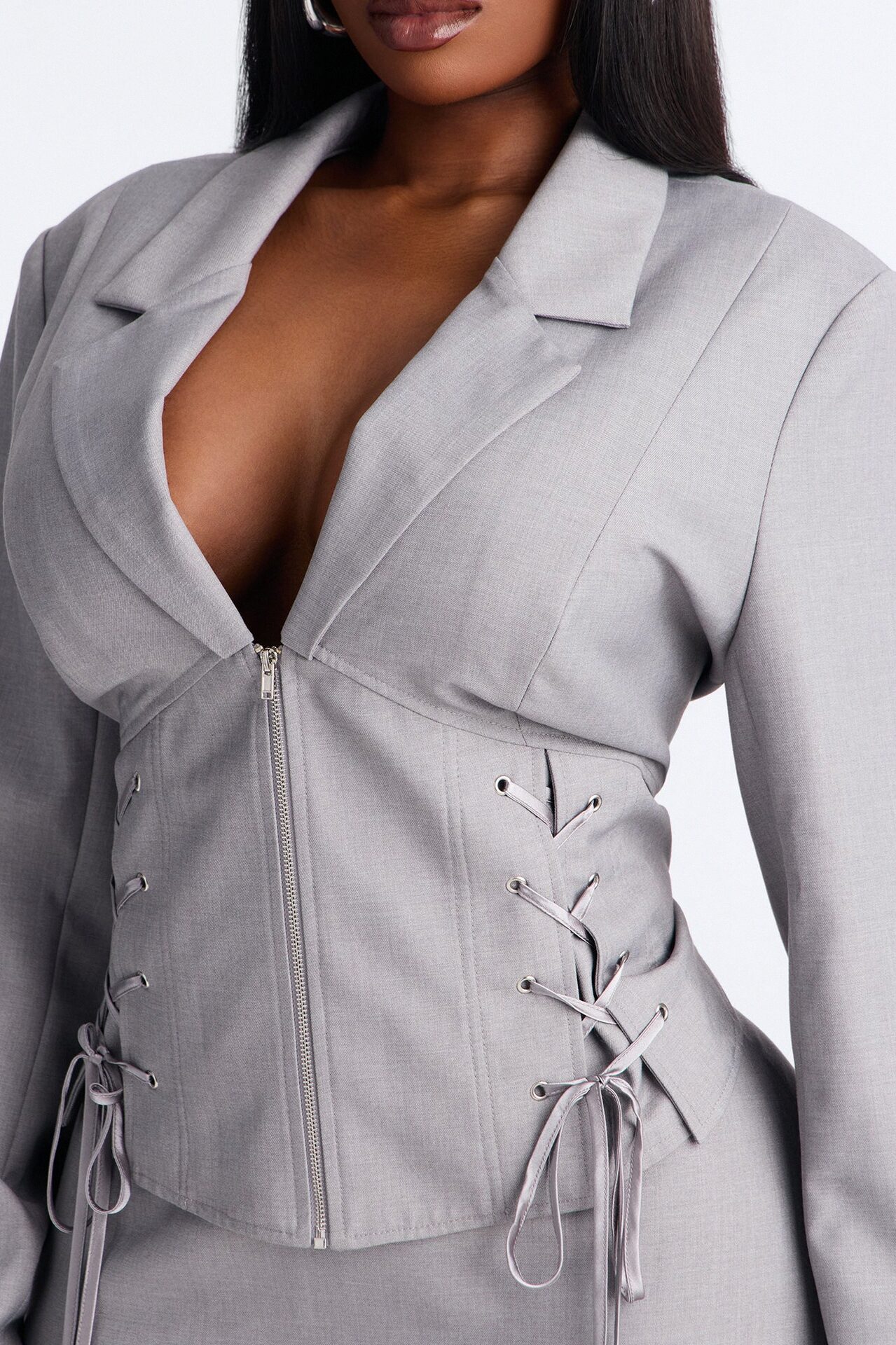 Unbothered Crepe Lace Up Corset Blazer - Light Grey