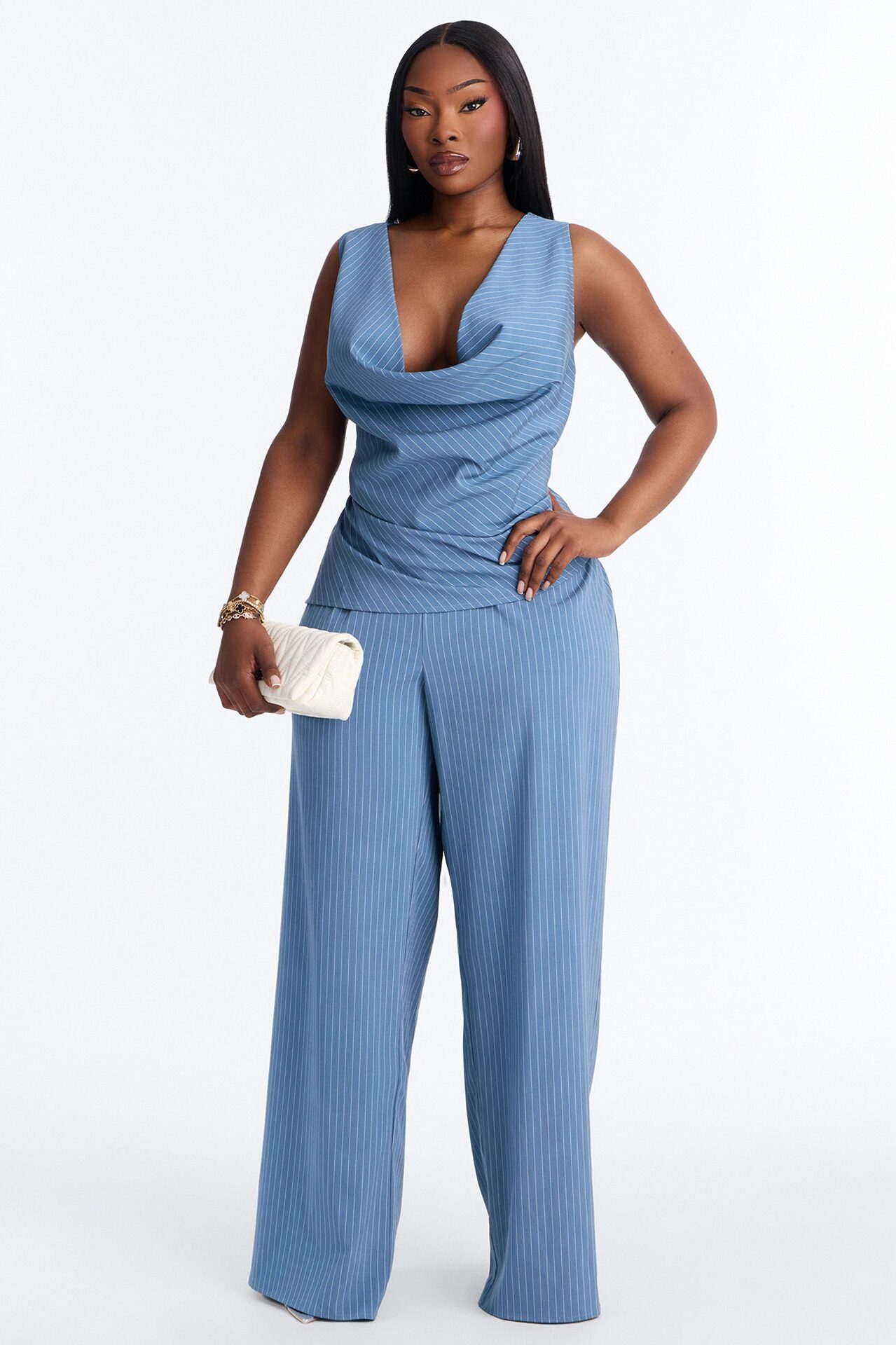Camille Cowl Pinstripe Pant Set - Blue