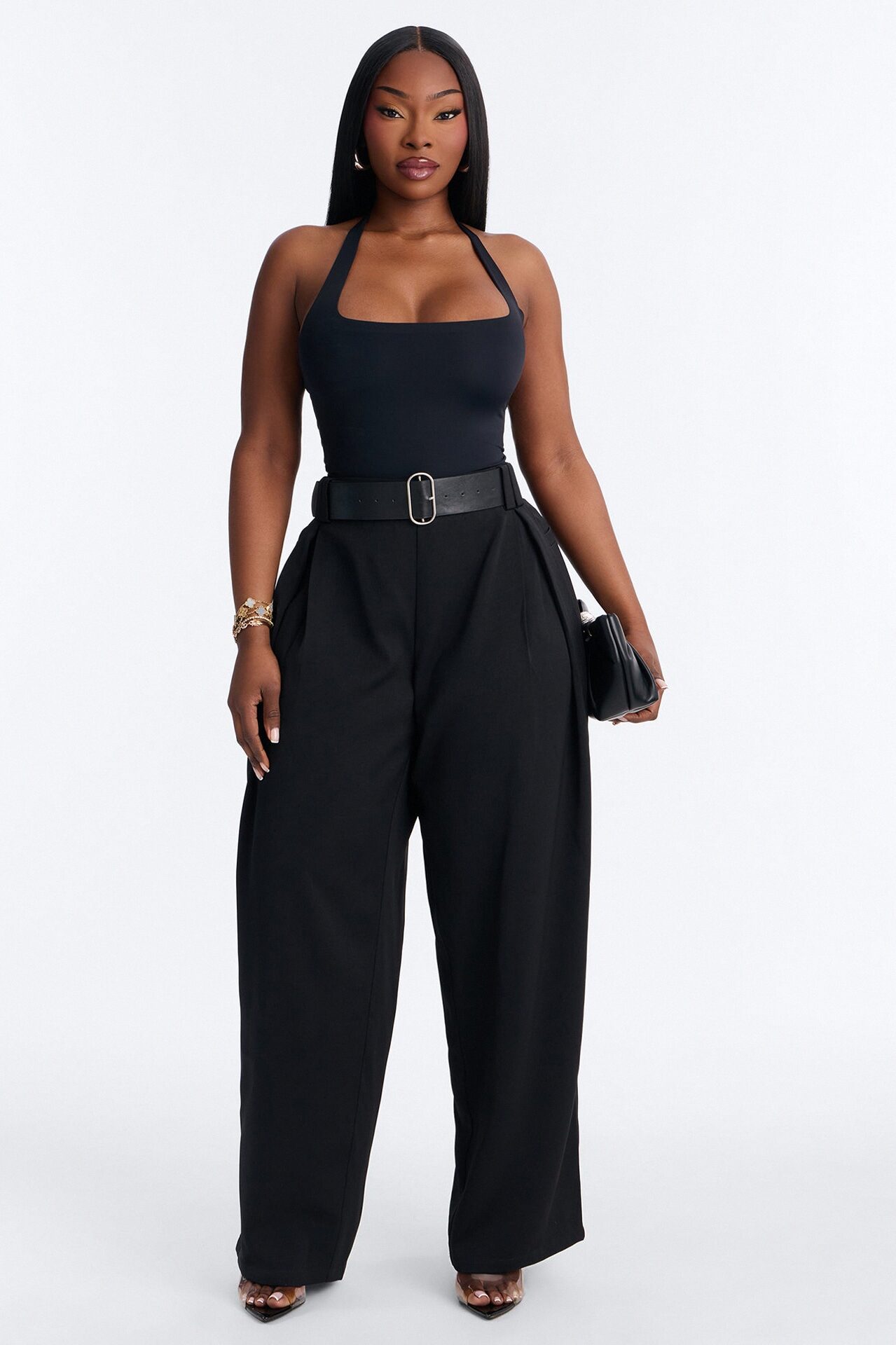 Diana Belted Wide Leg Pleated Trouser - Black