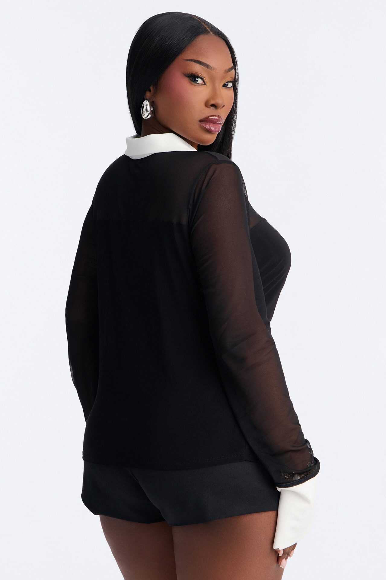Strictly Yours Ruched Mesh Long Sleeve Shirt - Black/combo