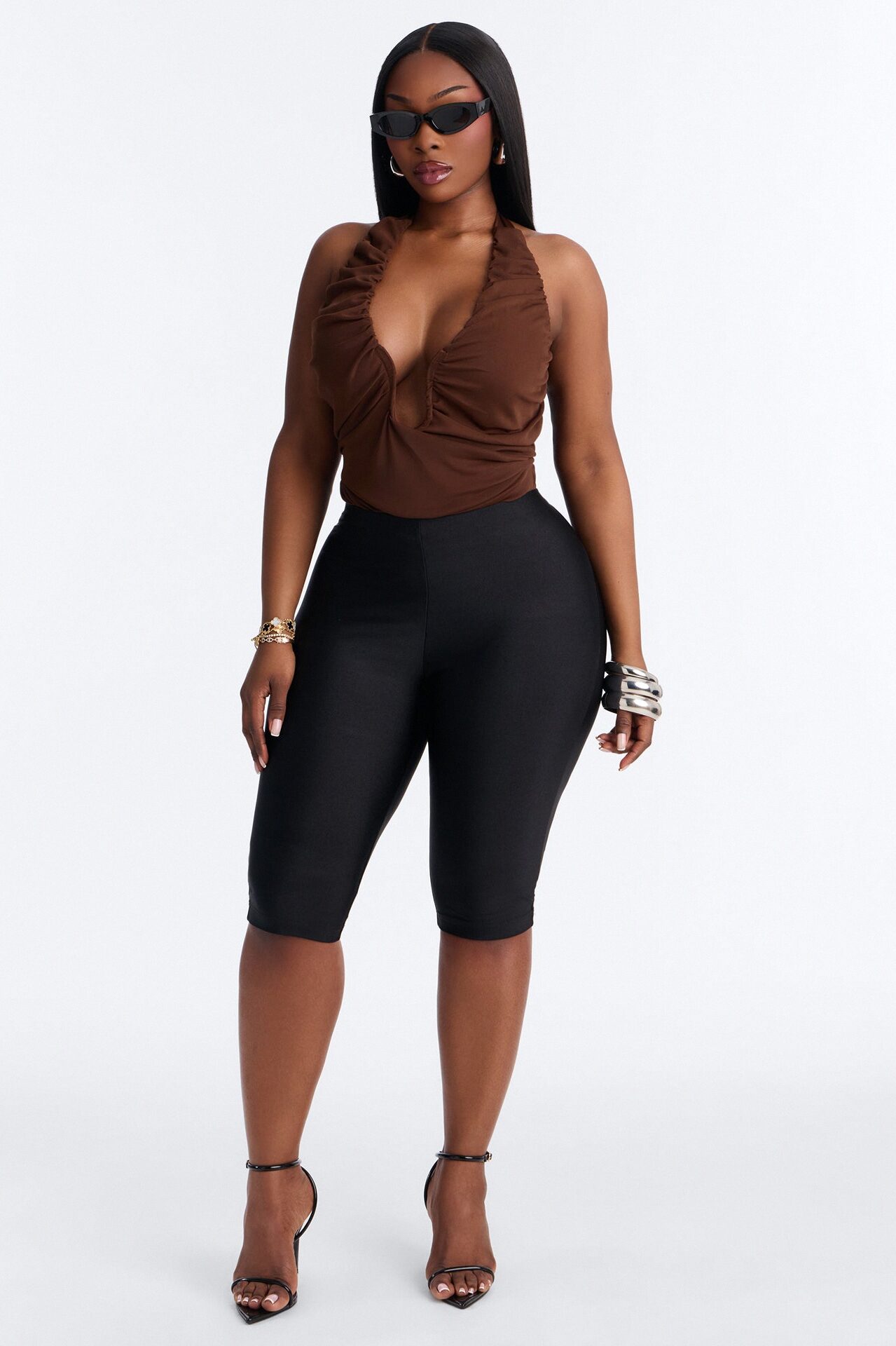 Raye Ruched Deep V Neck Halter Bodysuit - Brown