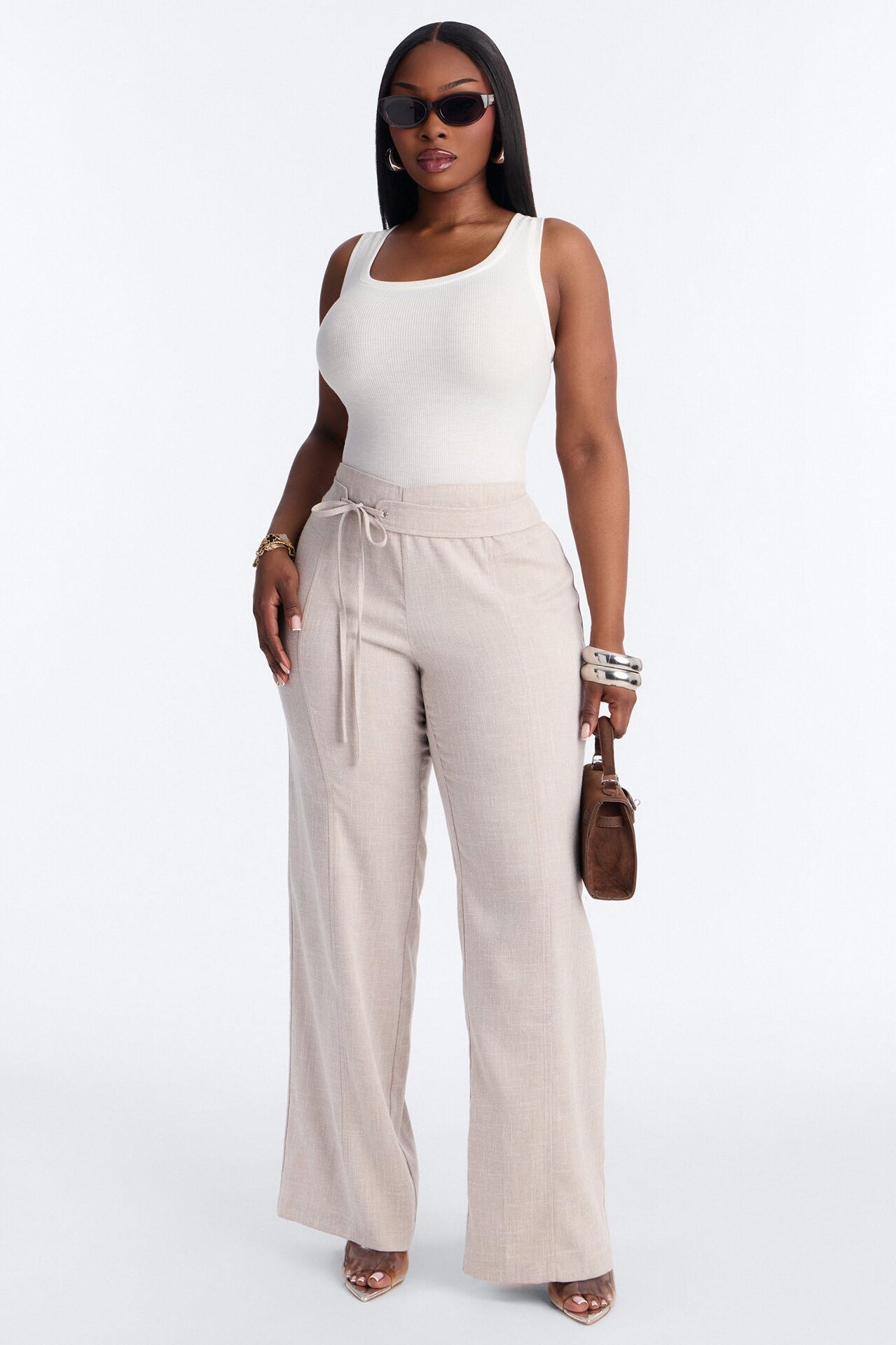 Seona Low Rise Tie Waist Straight Leg Pant - Stone