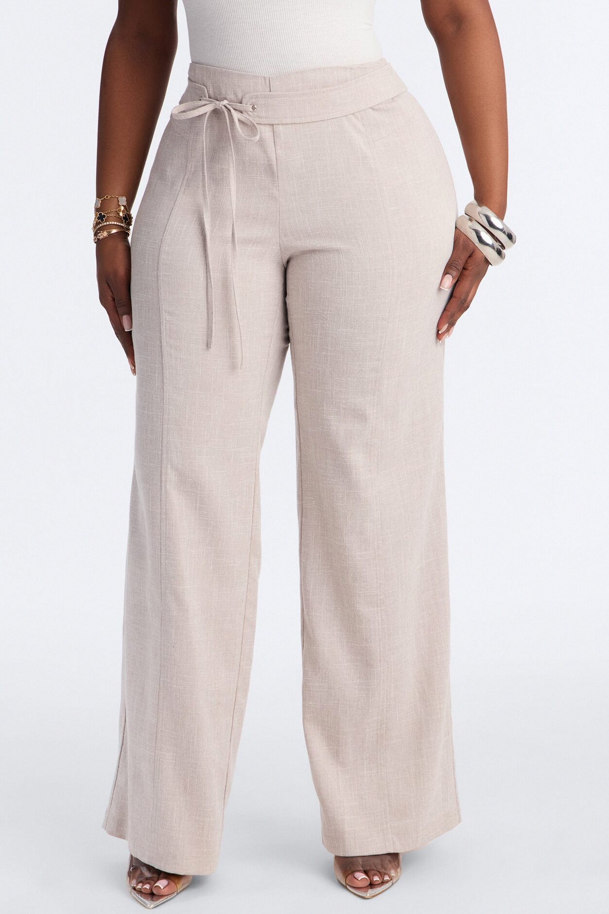 Seona Low Rise Tie Waist Straight Leg Pant - Stone