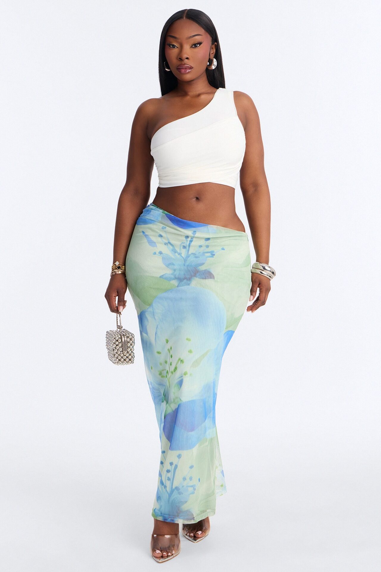 Izzie Asymmetrical Floral Mesh Maxi Skirt - Blue/combo