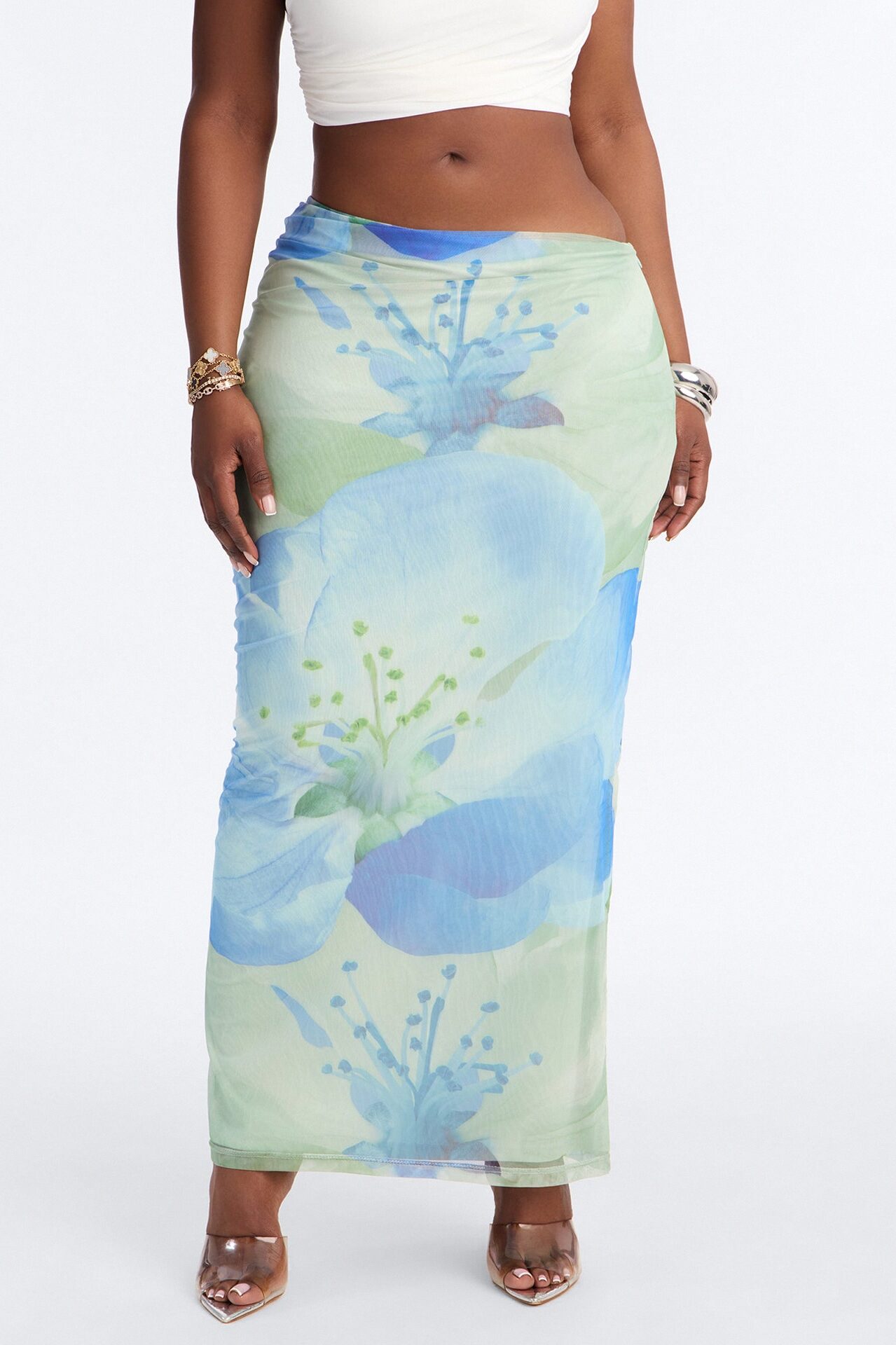 Izzie Asymmetrical Floral Mesh Maxi Skirt - Blue/combo