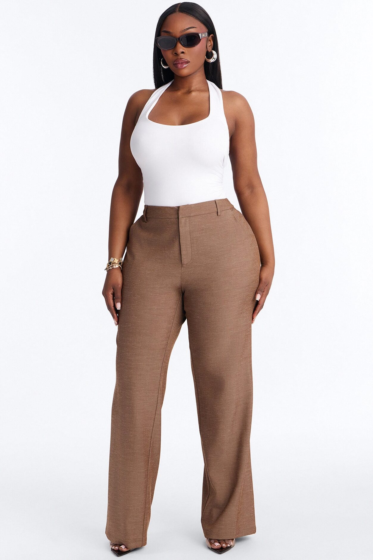 Stacy Low Rise Straight Leg Linen Trouser - Brown