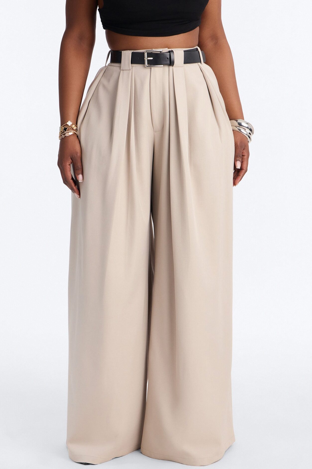No Brainer Belted Wide Leg Pleated Pant - Stone