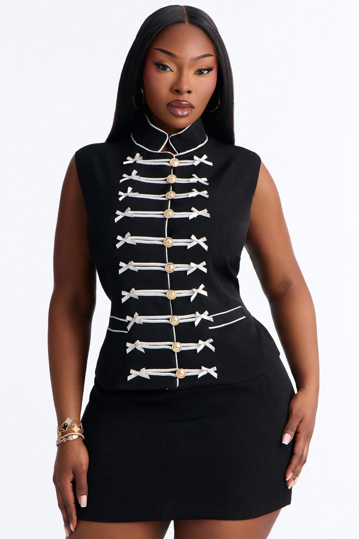 Regal Ribbon Button Up Skirt Set - Black
