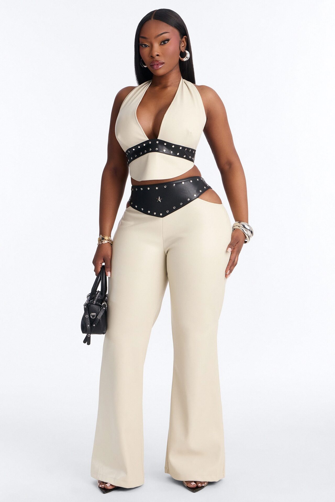 Natasha Faux Leather Studded Pant Set - Cream