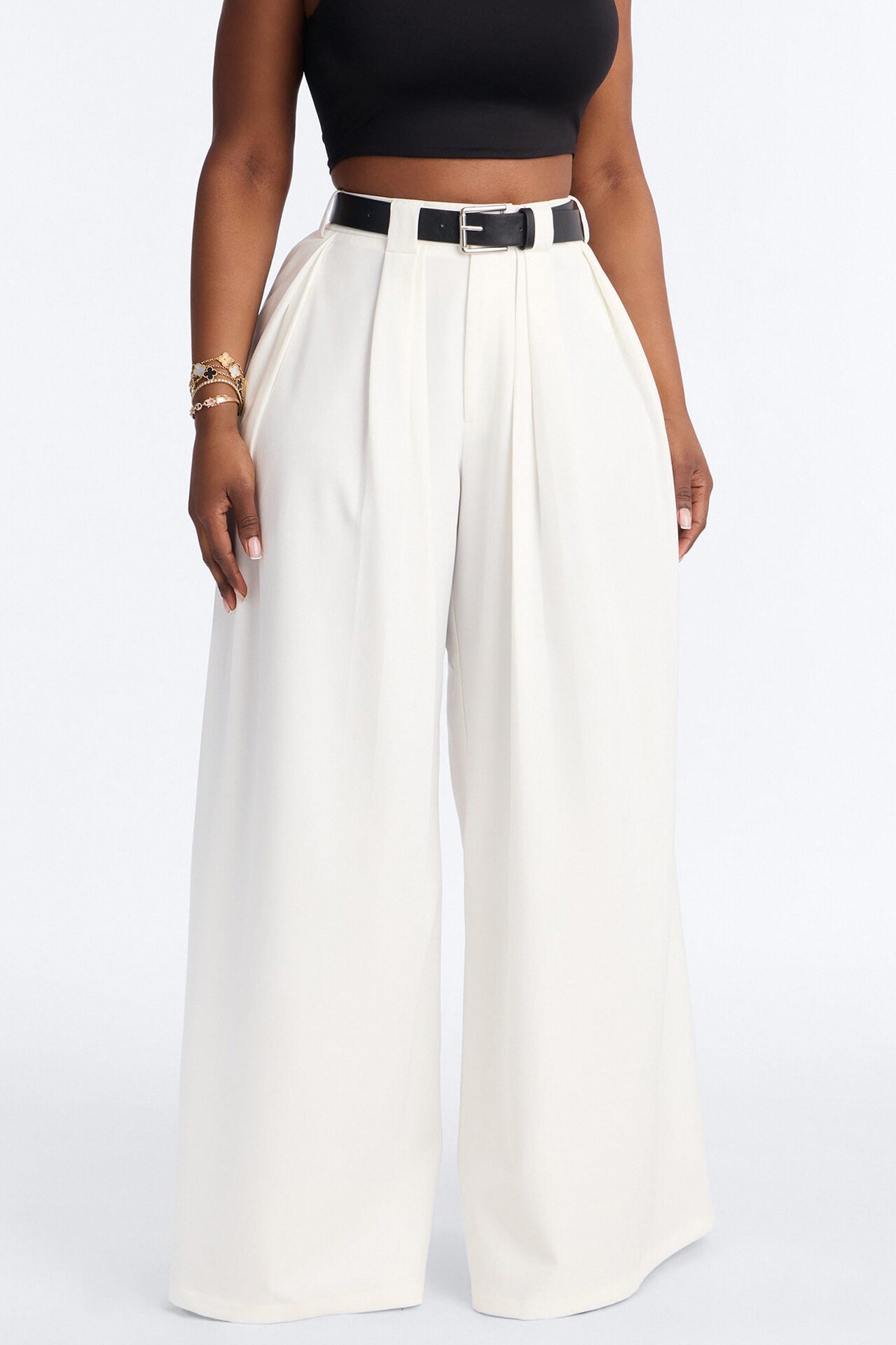 No Brainer Belted Wide Leg Pleated Pant - White