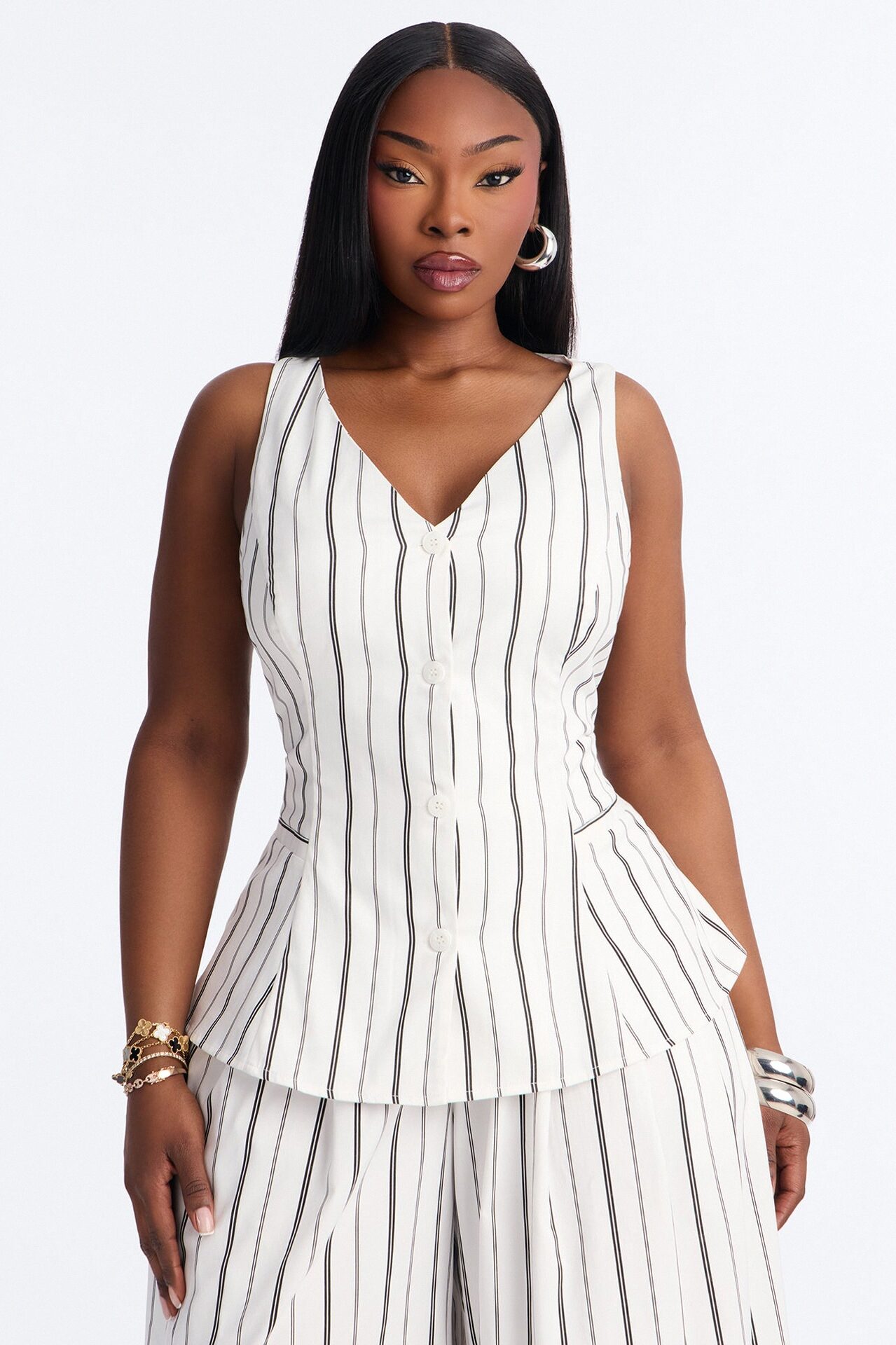 Aveena Pinstripe Vest Pant Set - White/Black