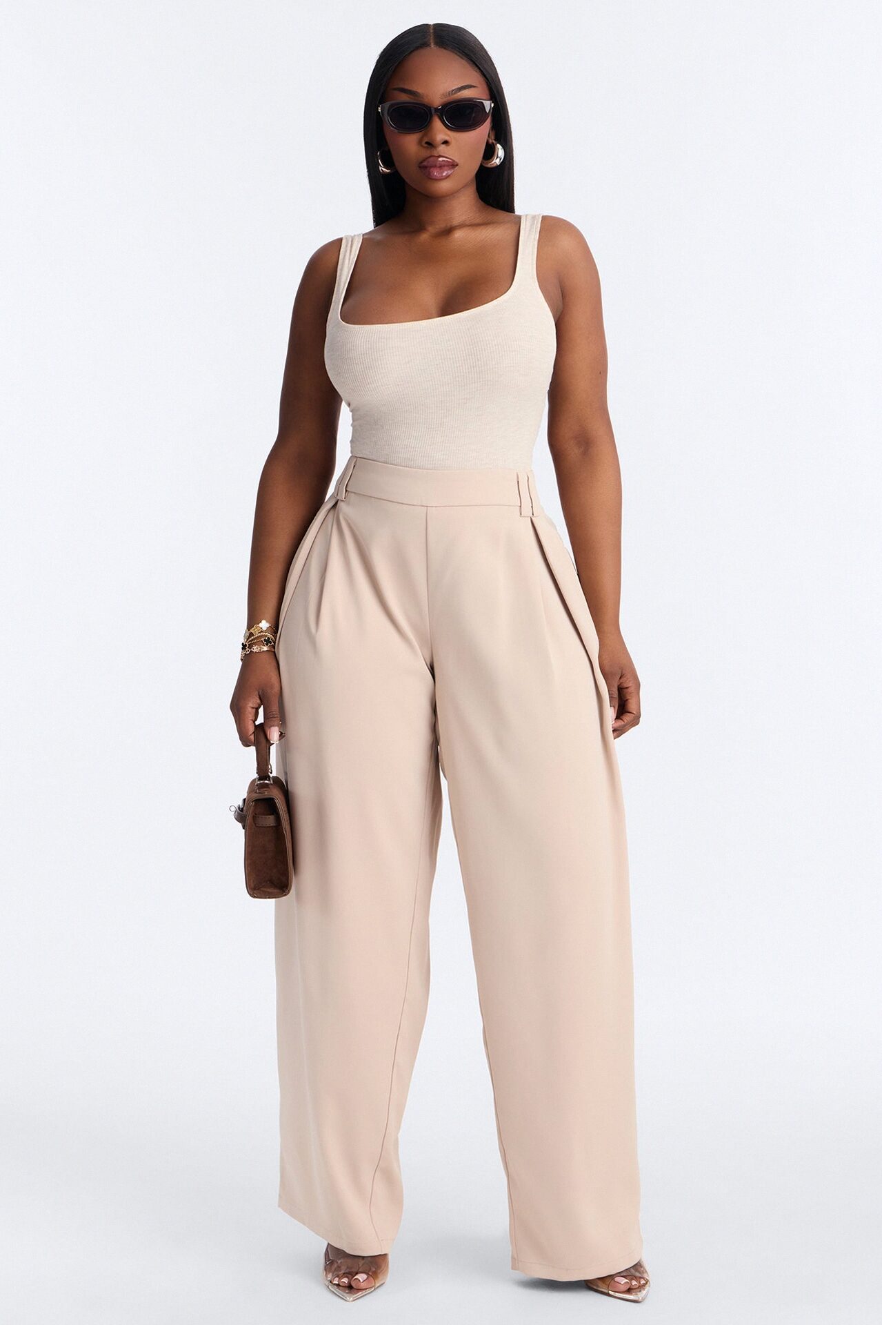Diana Belted Wide Leg Pleated Trouser - Beige