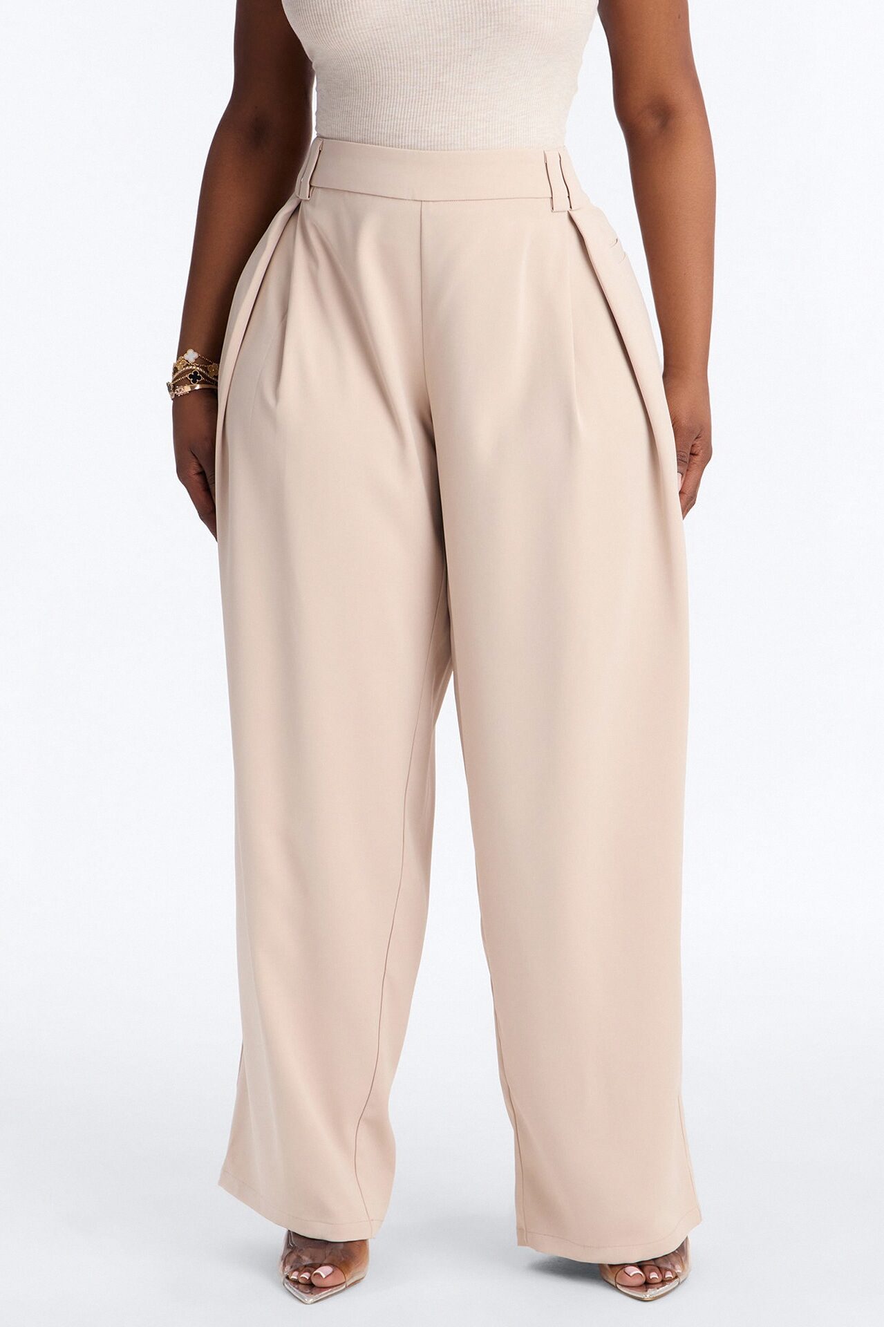 Diana Belted Wide Leg Pleated Trouser - Beige