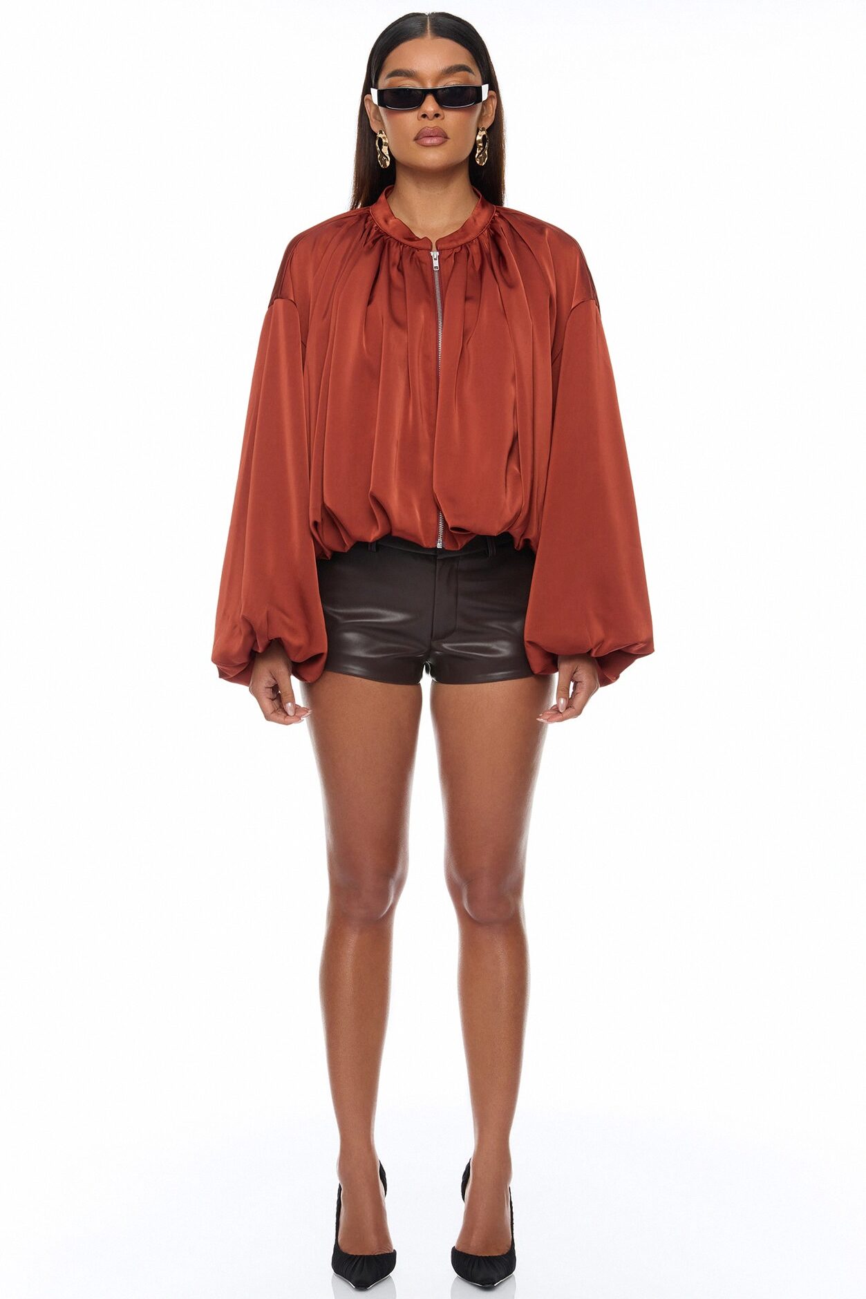 Marianna Balloon Sleeve Satin Jacket - Cognac