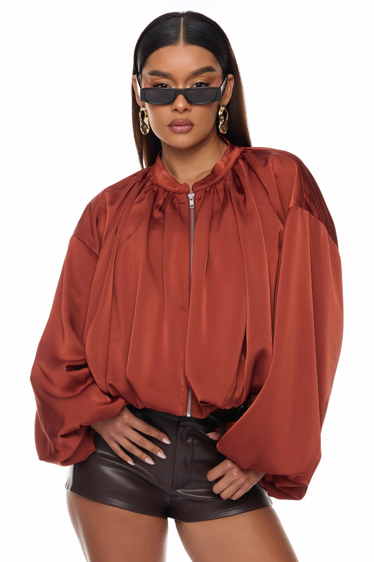Marianna Balloon Sleeve Satin Jacket - Cognac