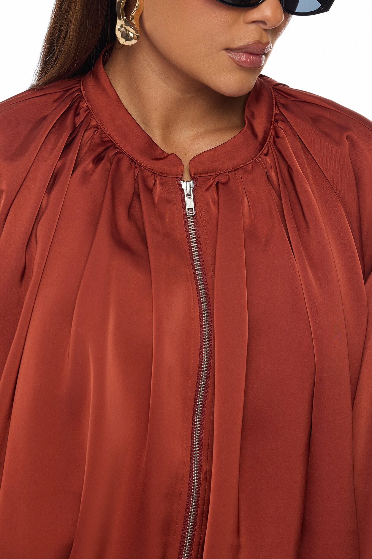 Marianna Balloon Sleeve Satin Jacket - Cognac