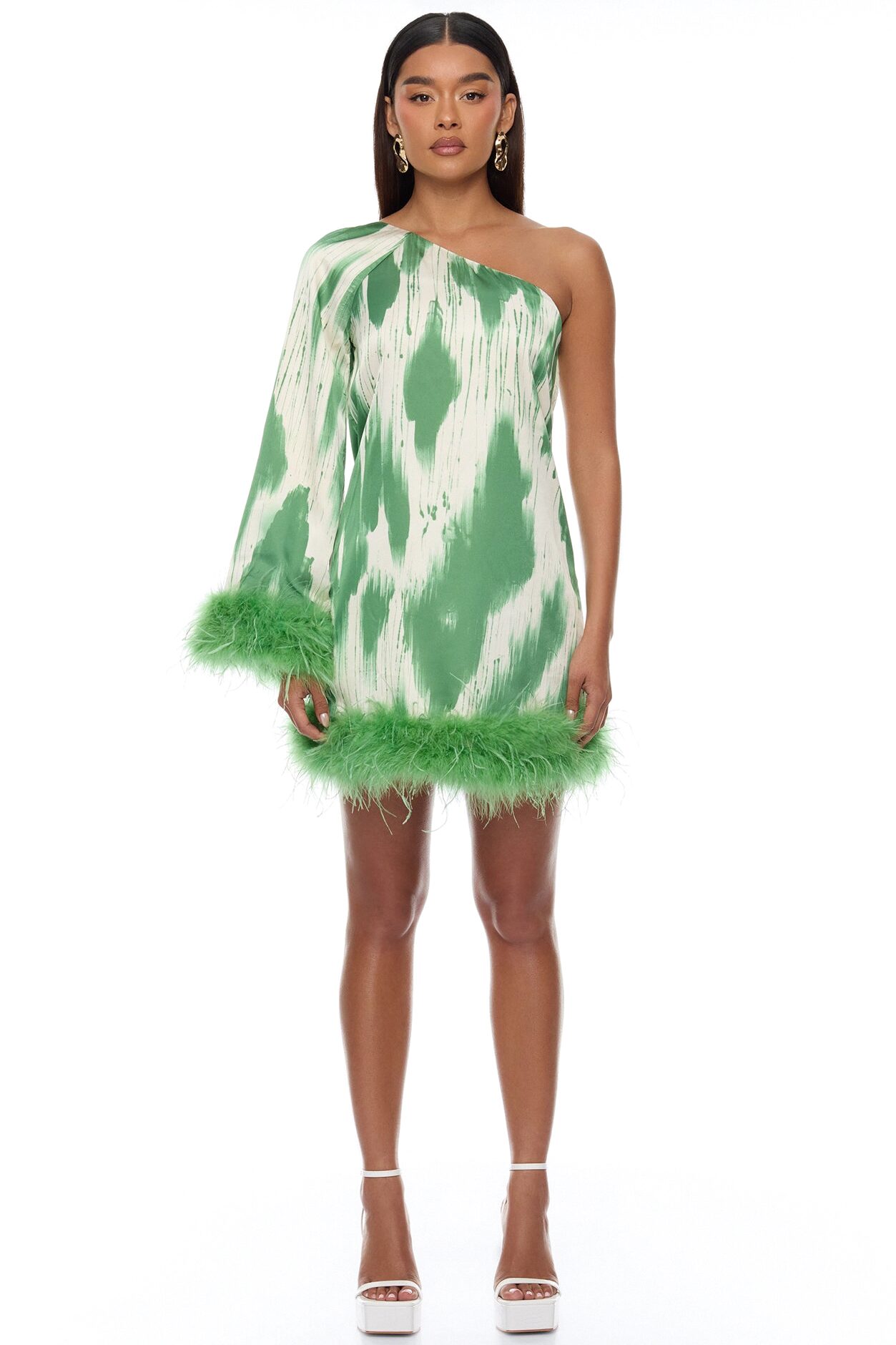 Freya Feathered Satin Mini Dress - Green/combo