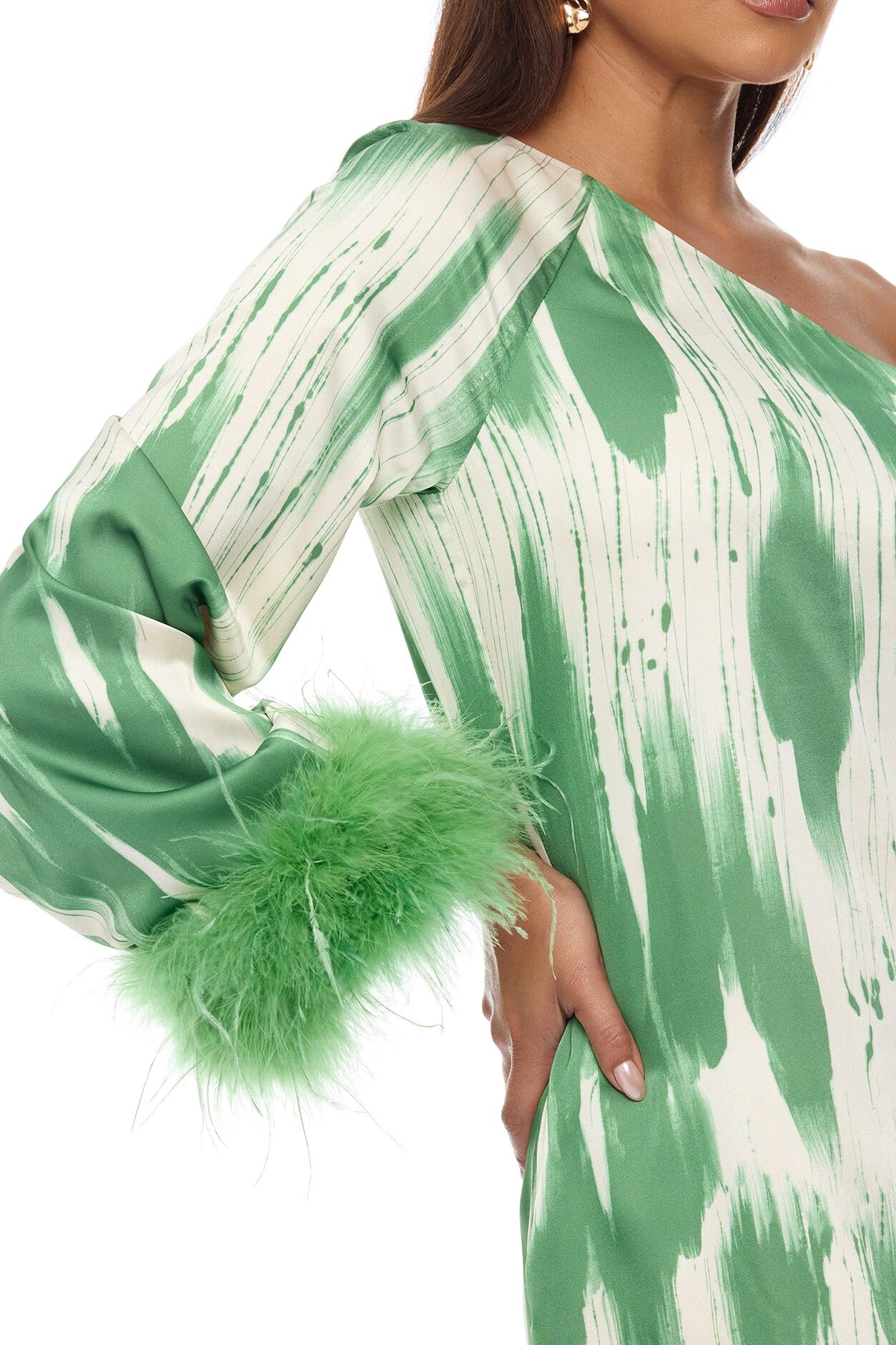 Freya Feathered Satin Mini Dress - Green/combo